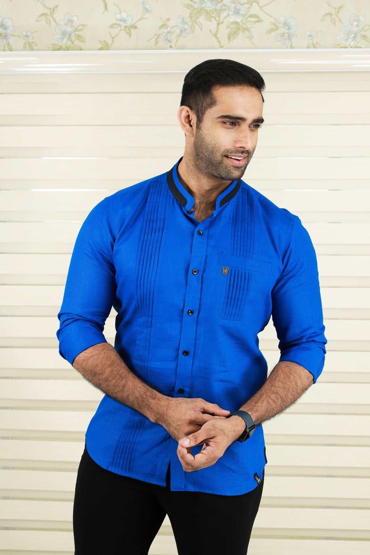Cobalt Blue Shirt with Vertical Pleat Detail (Only Shirt)