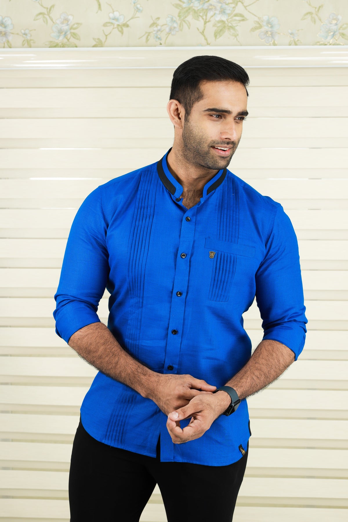 Cobalt Blue Shirt with Vertical Pleat Detail (Shirt + Black Pants)