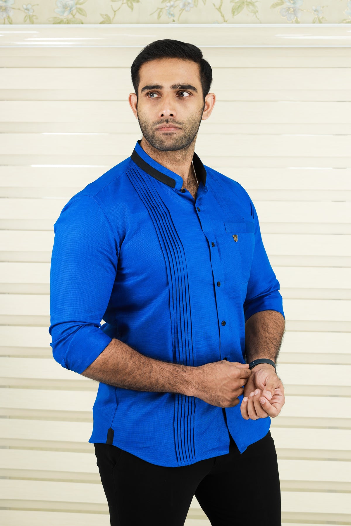 Cobalt Blue Shirt with Vertical Pleat Detail (Only Shirt)