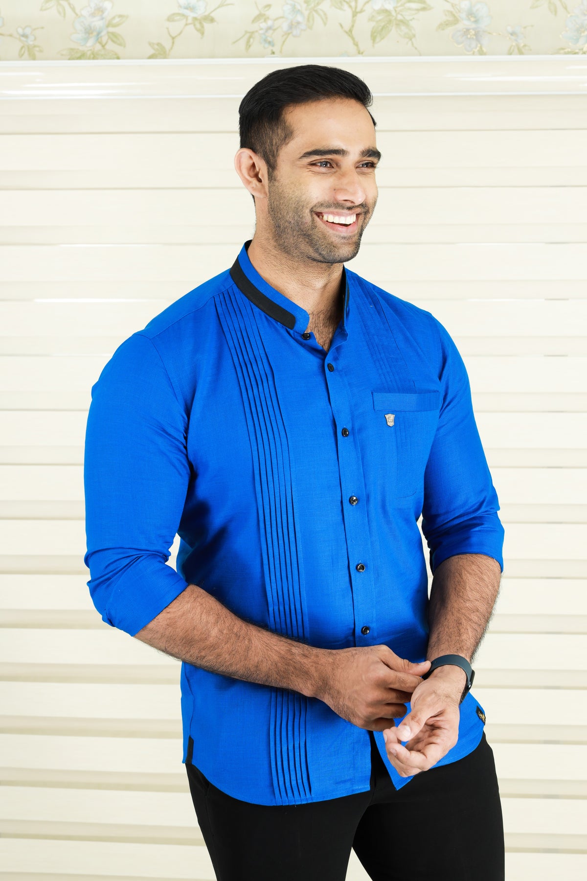 Cobalt Blue Shirt with Vertical Pleat Detail (Only Shirt)