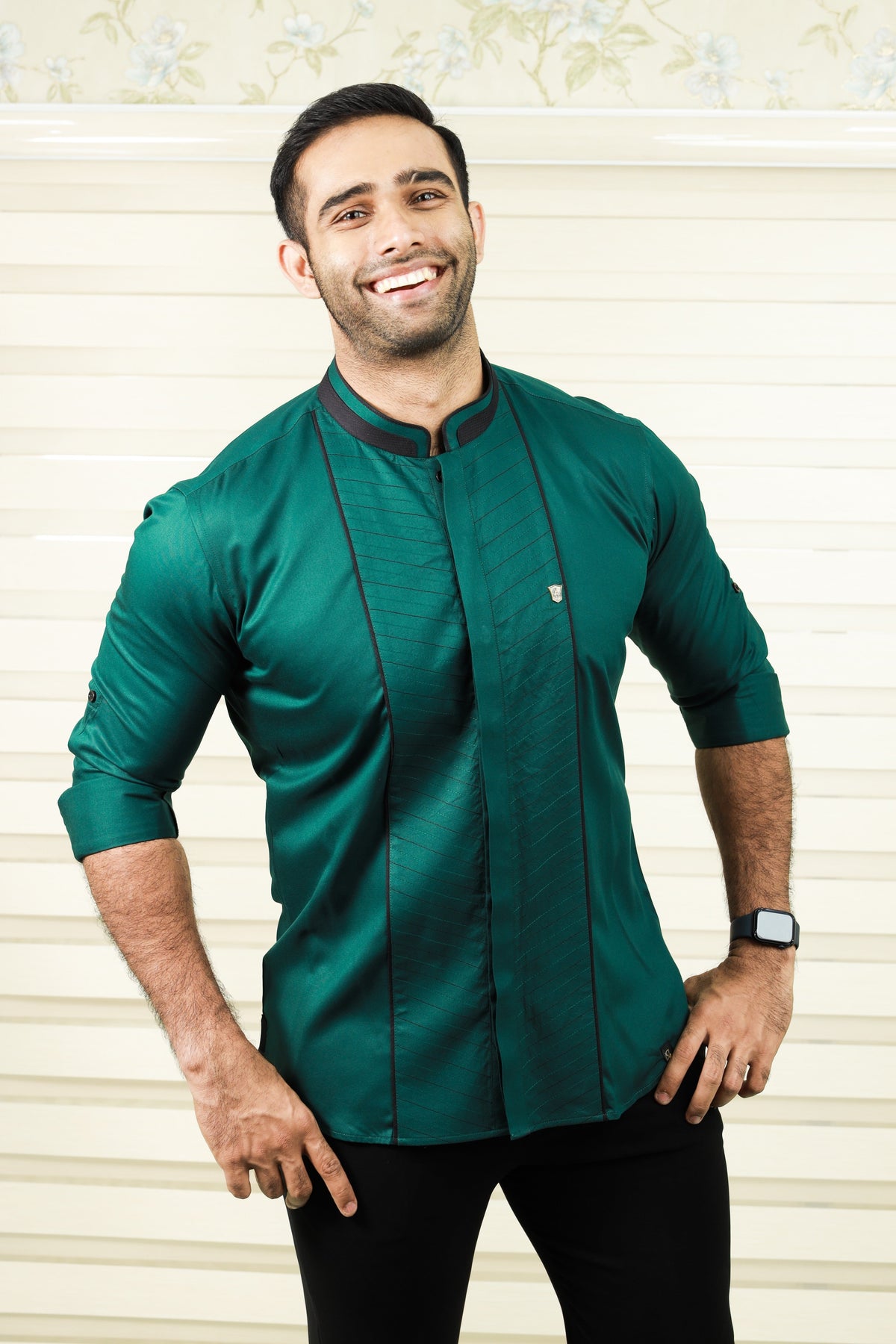 Castleton Green Shirt with Diagonal Tucks With Black Contrast Stitch Detailing (Shirt + Black Pants)