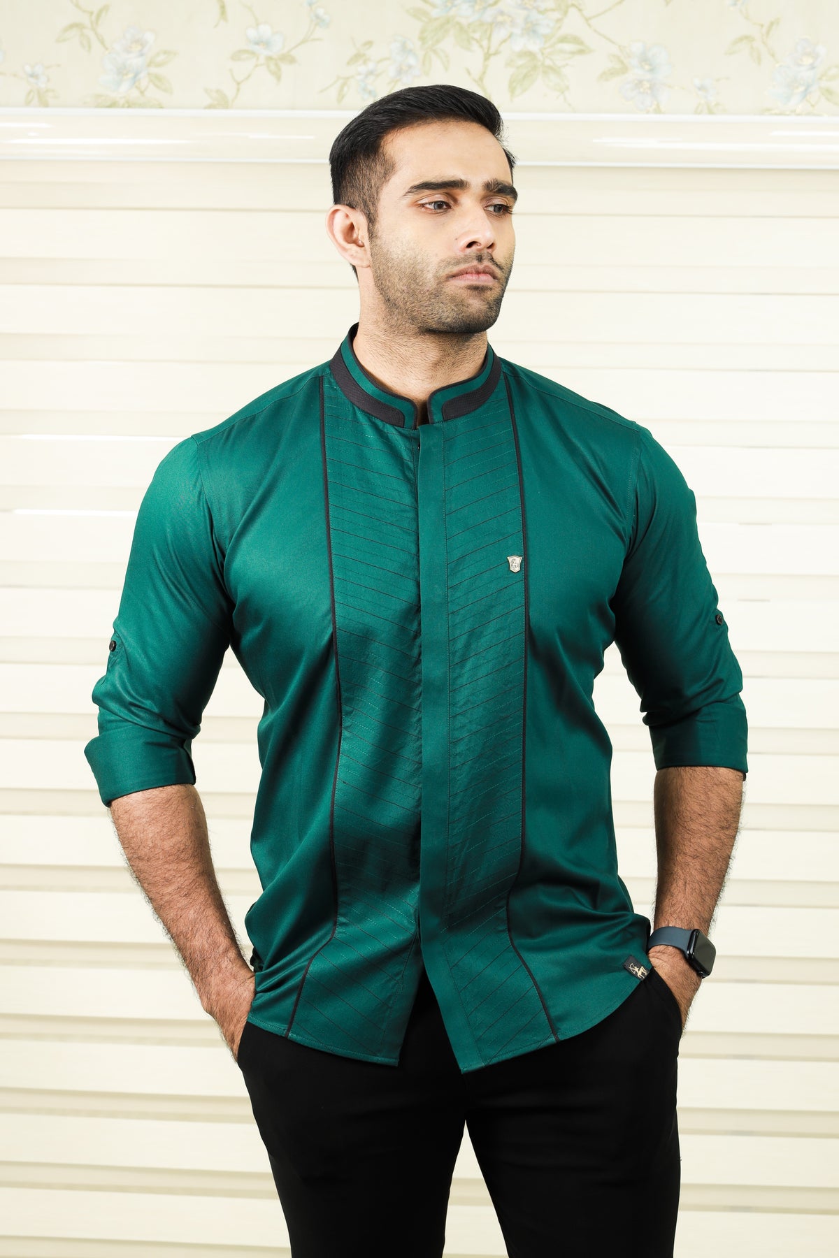 Castleton Green Shirt with Diagonal Tucks With Black Contrast Stitch Detailing (Only Shirt)