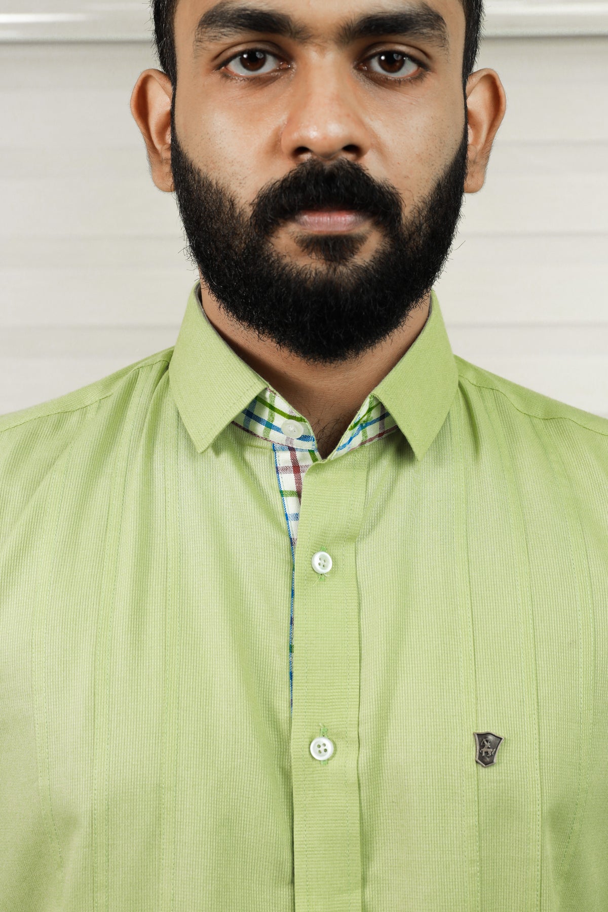Pista Green Cutaway Collar Shirt With Check Detailing on Placket & Cuff (Only Shirt)