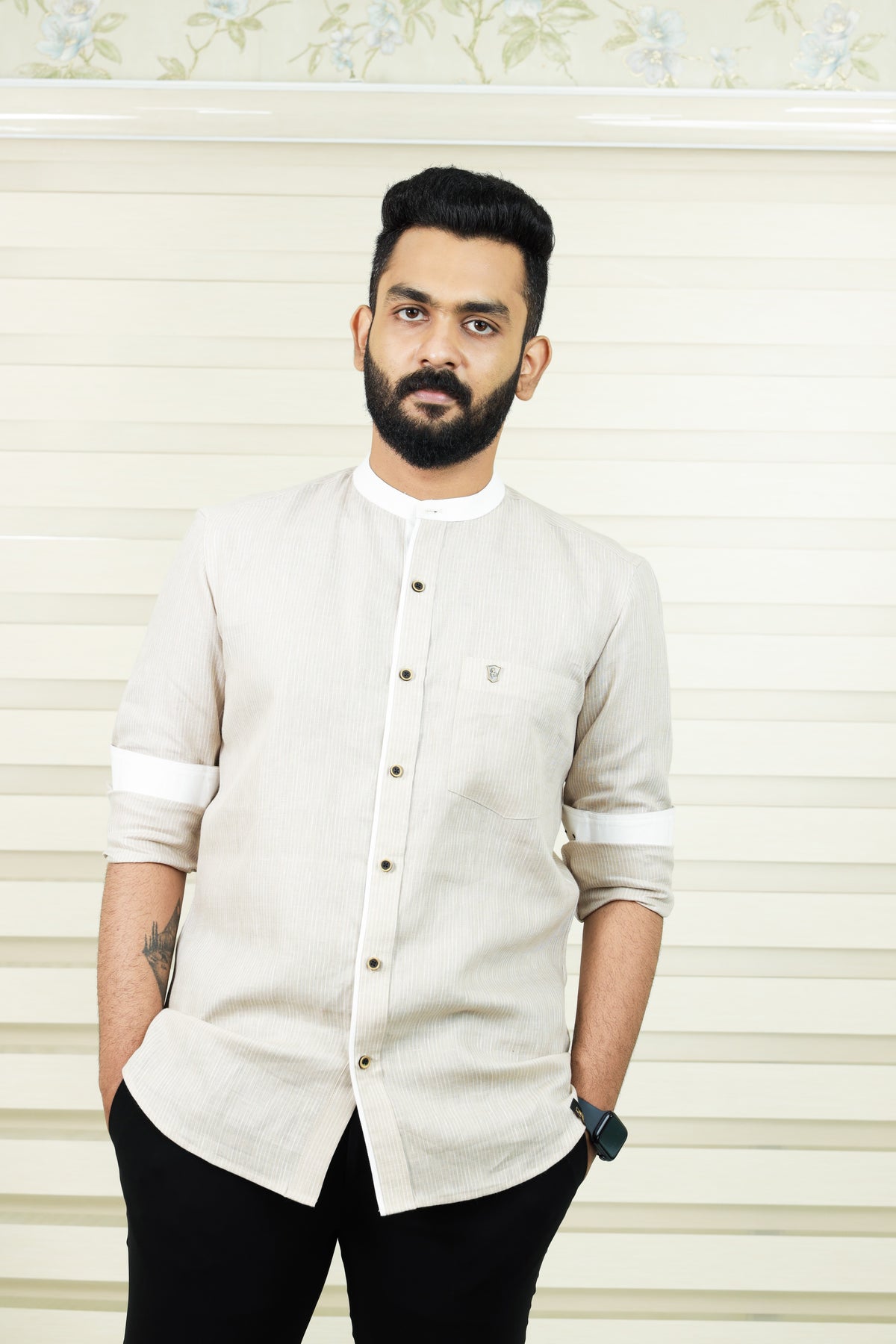 Stone Biege Chinese Collar Shirt  White Contrast Detailing on Neck, Placket & Cuff (Only Shirt)