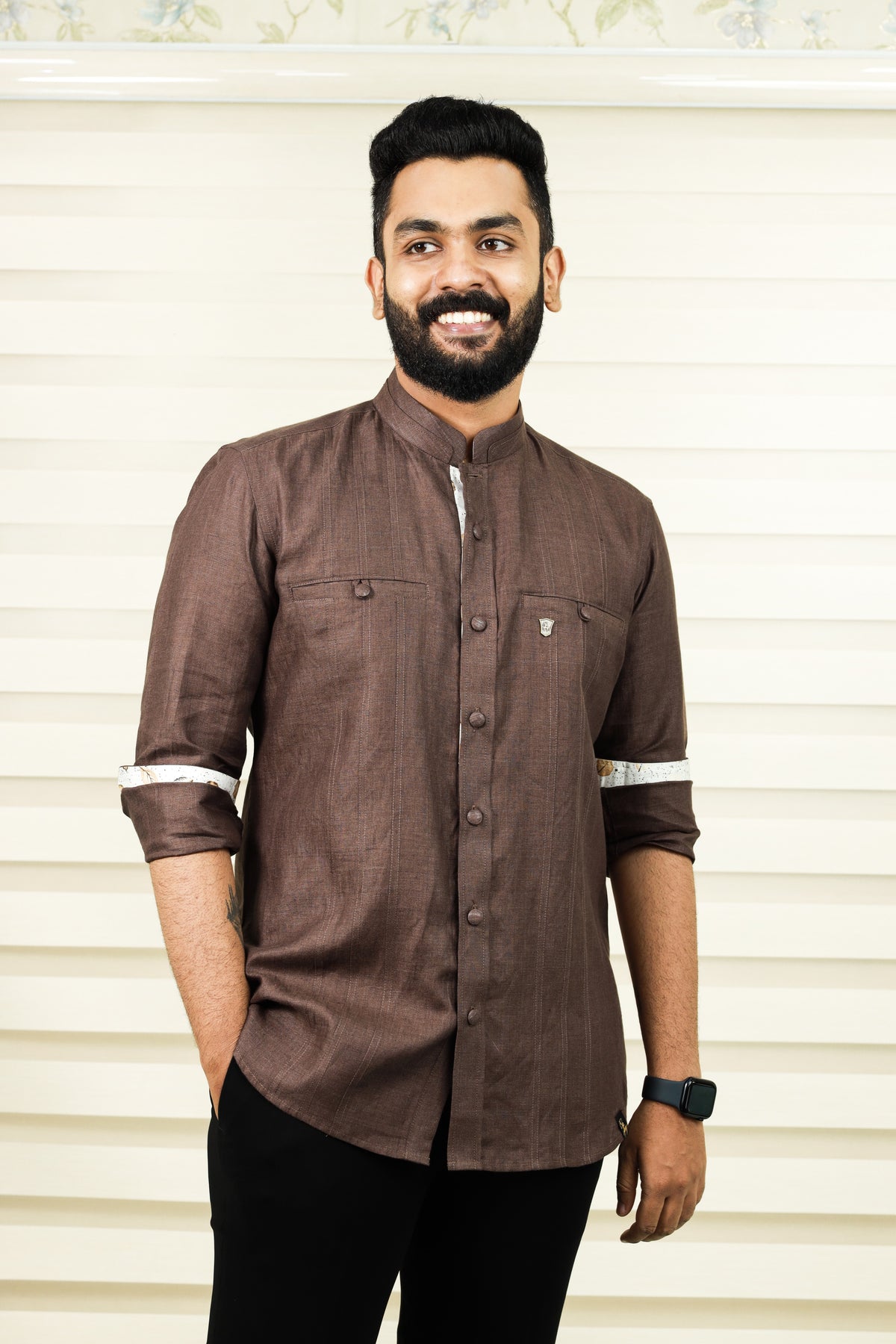 Coffee Brown Chinese Collar Kinen Shirt with Print Detailing on Placket & Cuff (Only Shirt)