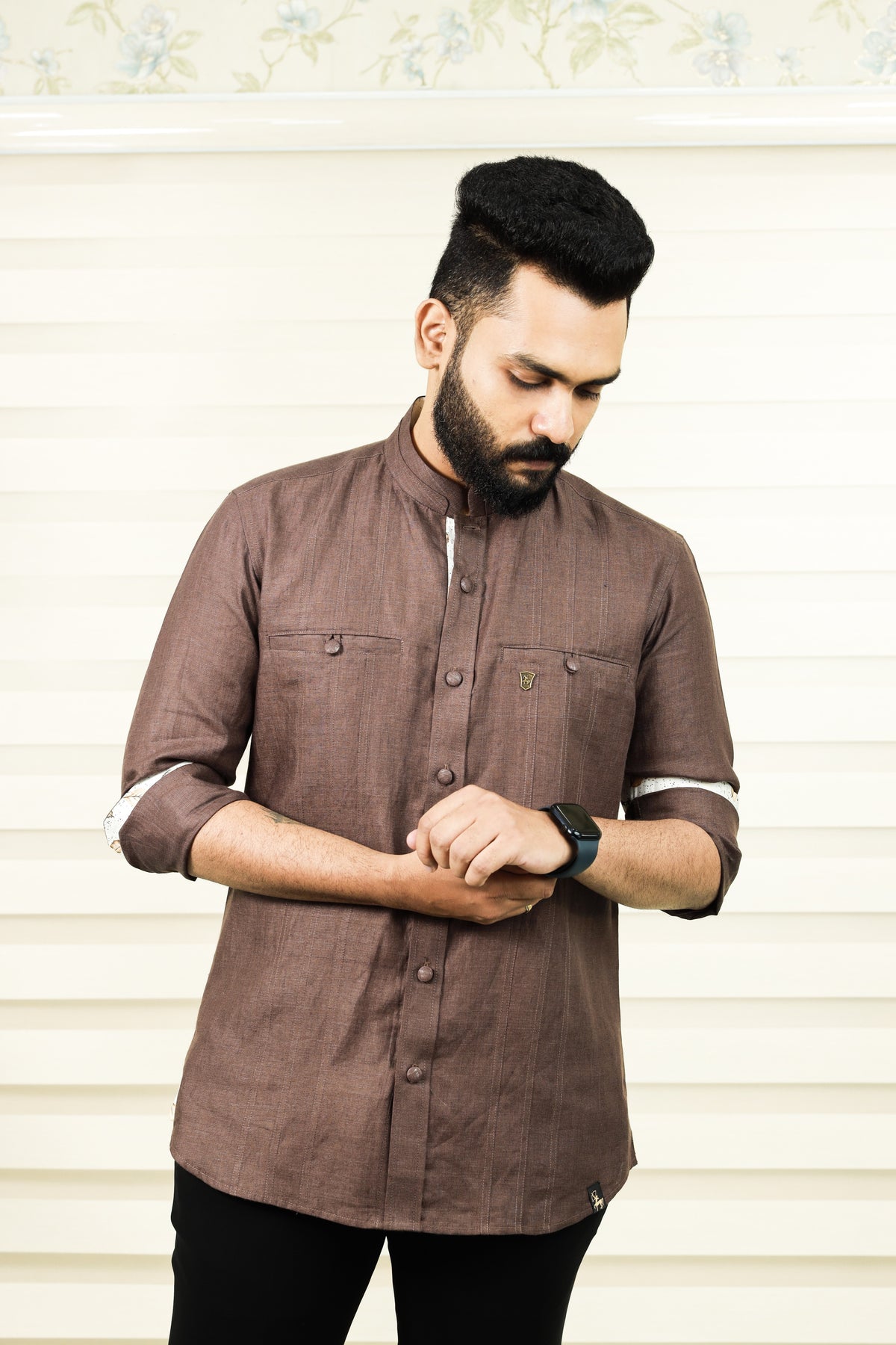 Coffee Brown Chinese Collar Kinen Shirt with Print Detailing on Placket & Cuff (Only Shirt)