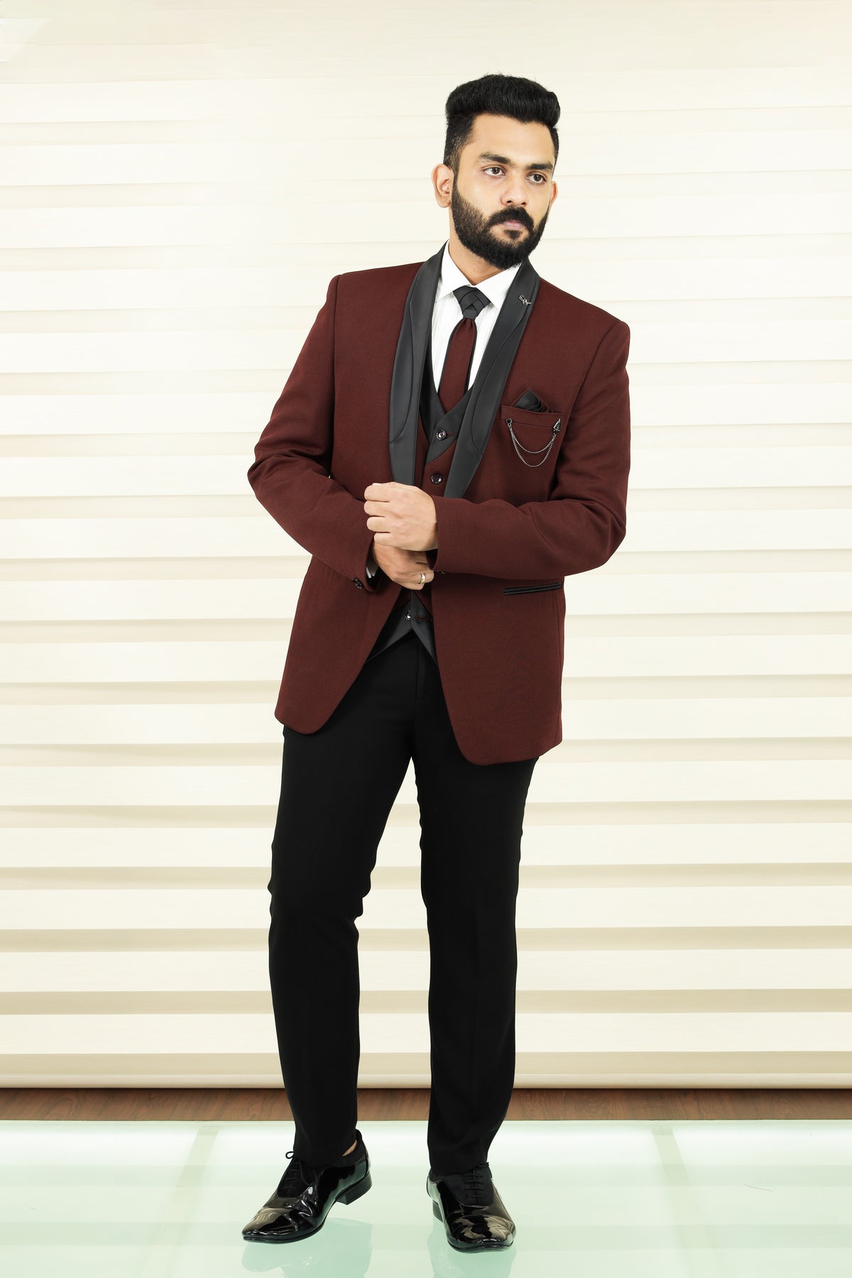 Mahogony Red 3 Piece Tuxedo Suit with Black Contrast Waistcoat & Pants (Set of 4)