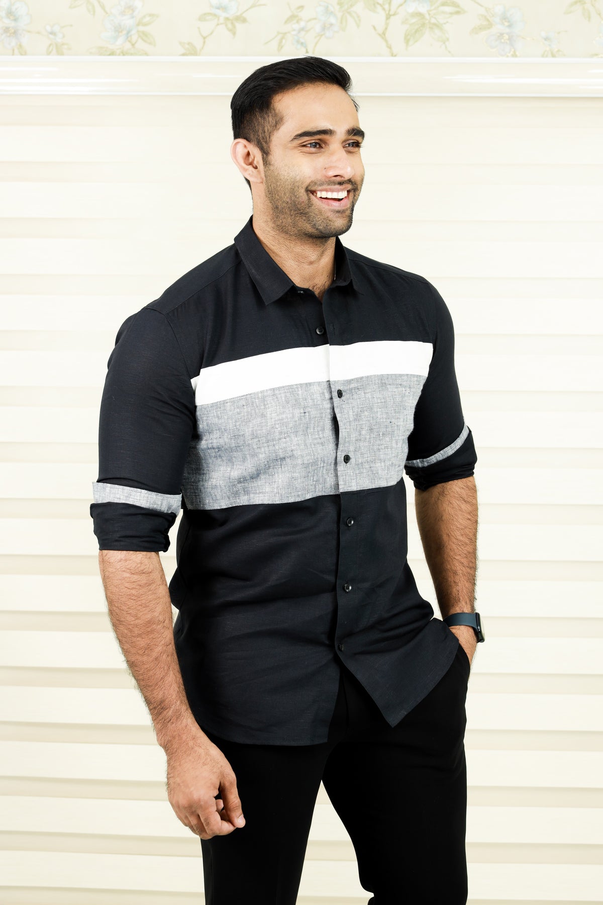 Jet Black Multi Tone Cutaway Collar Designer Linen Shirt  (Only Shirt)