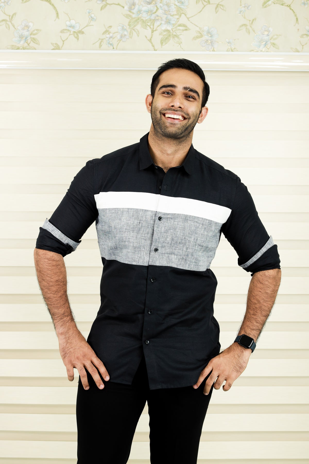 Jet Black Multi Tone Cutaway Collar Designer Linen Shirt  (Only Shirt)