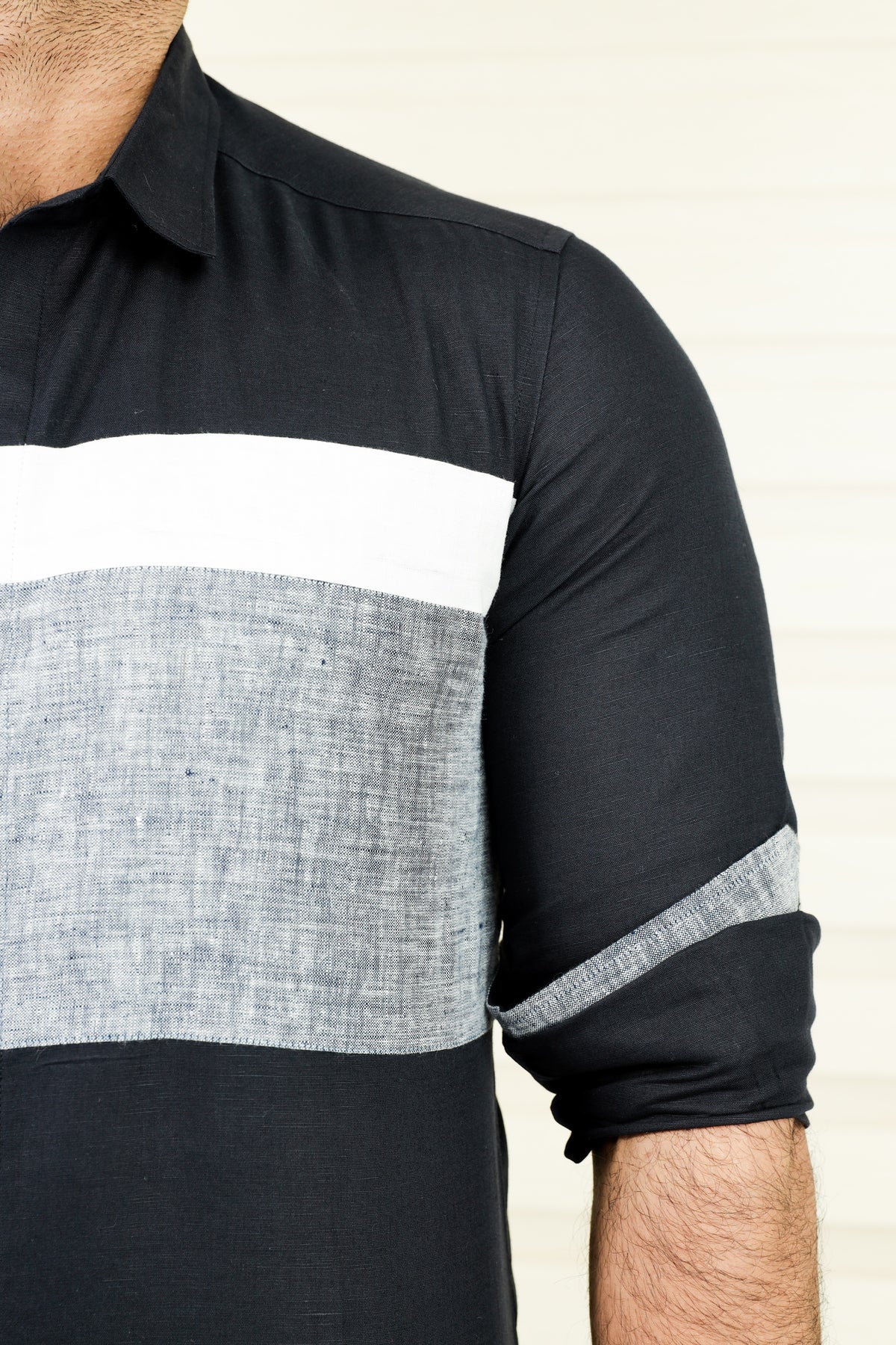 Jet Black Multi Tone Cutaway Collar Designer Linen Shirt  (Only Shirt)