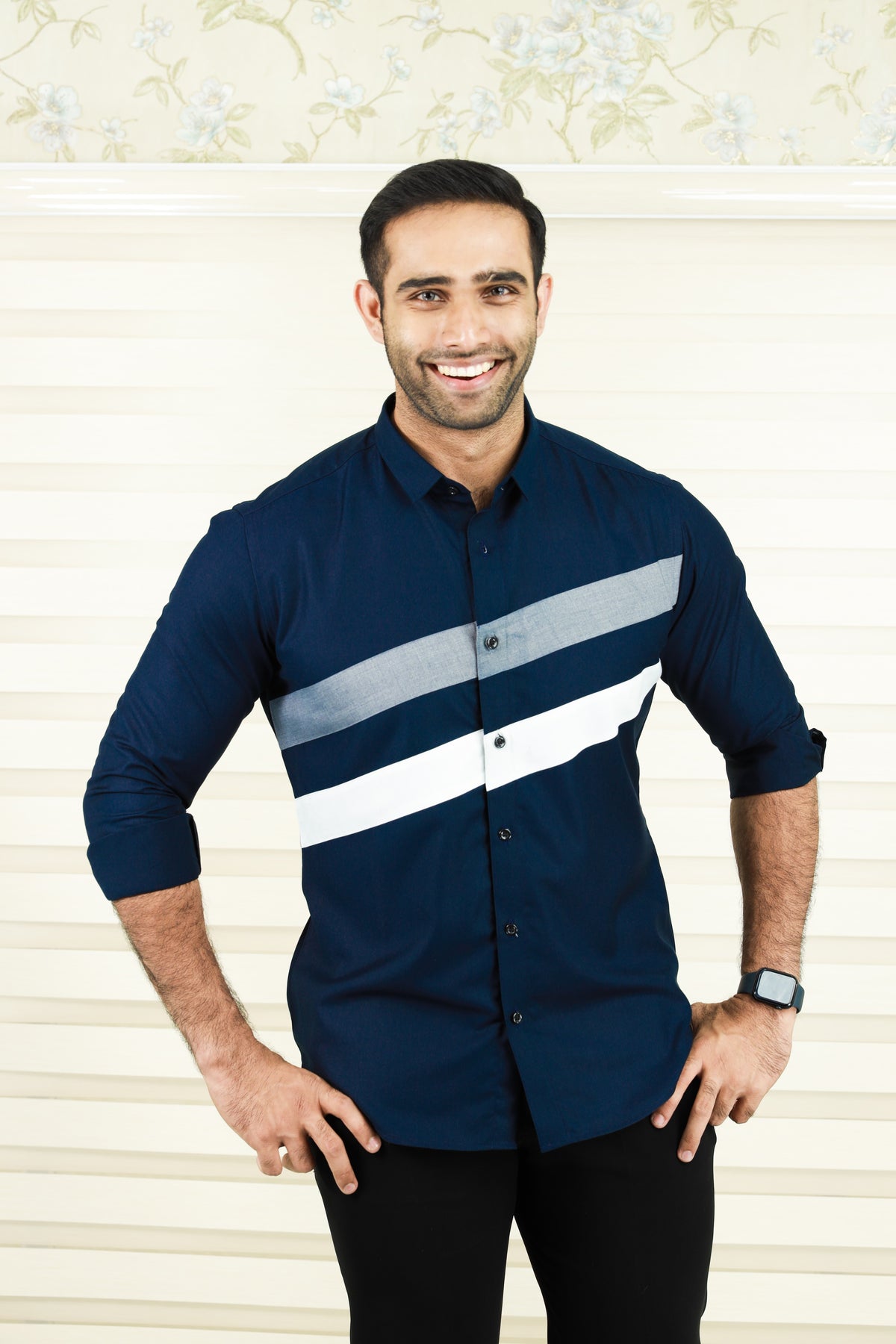 Oxford Blue Cutaway Collar Shirt  with Diagonal Pattern Cut  (Only Shirt)