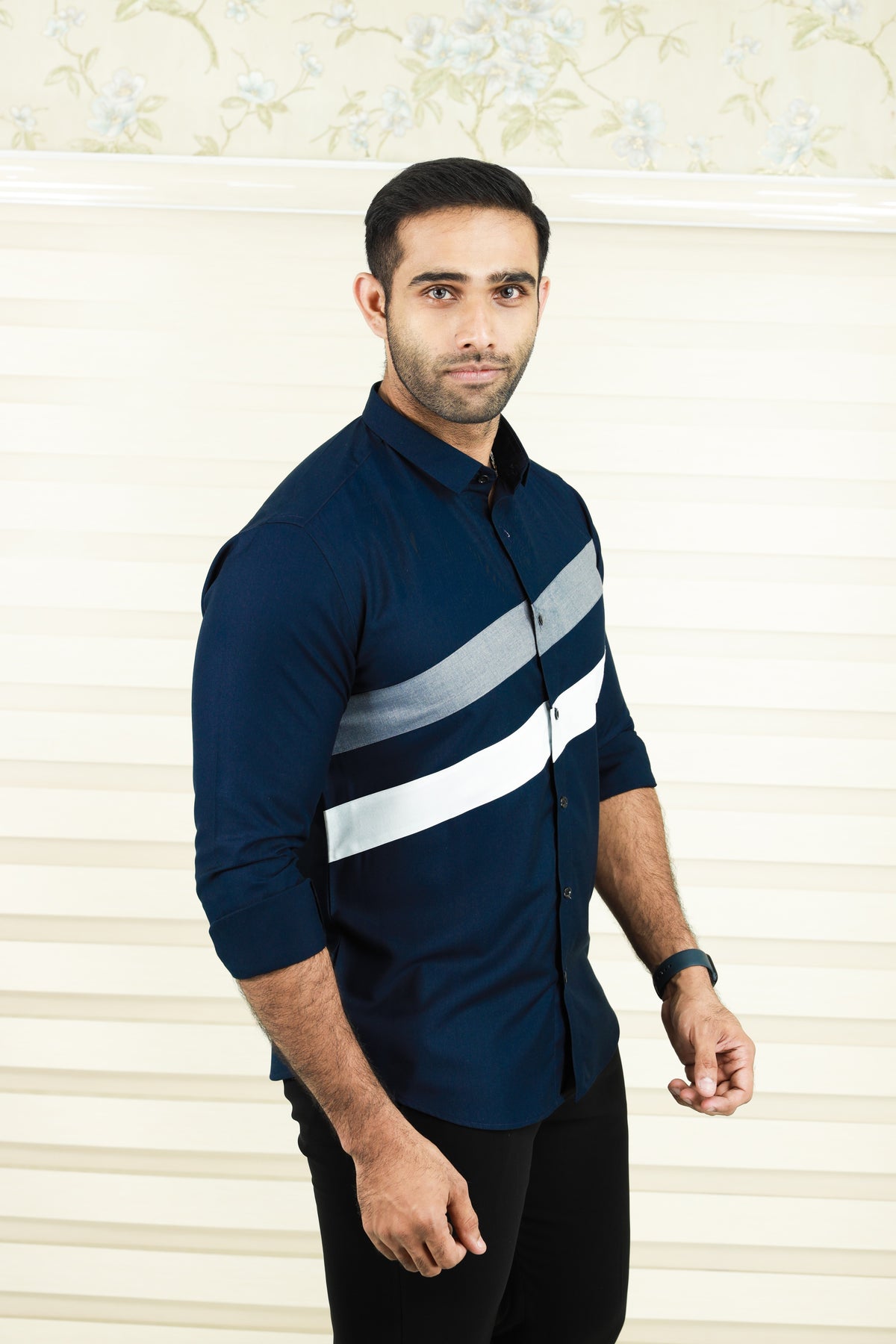 Oxford Blue Cutaway Collar Shirt  with Diagonal Pattern Cut  (Only Shirt)