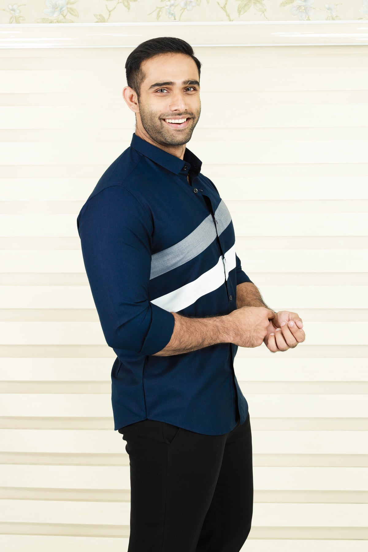 Oxford Blue Cutaway Collar Shirt  with Diagonal Pattern Cut  (Only Shirt)