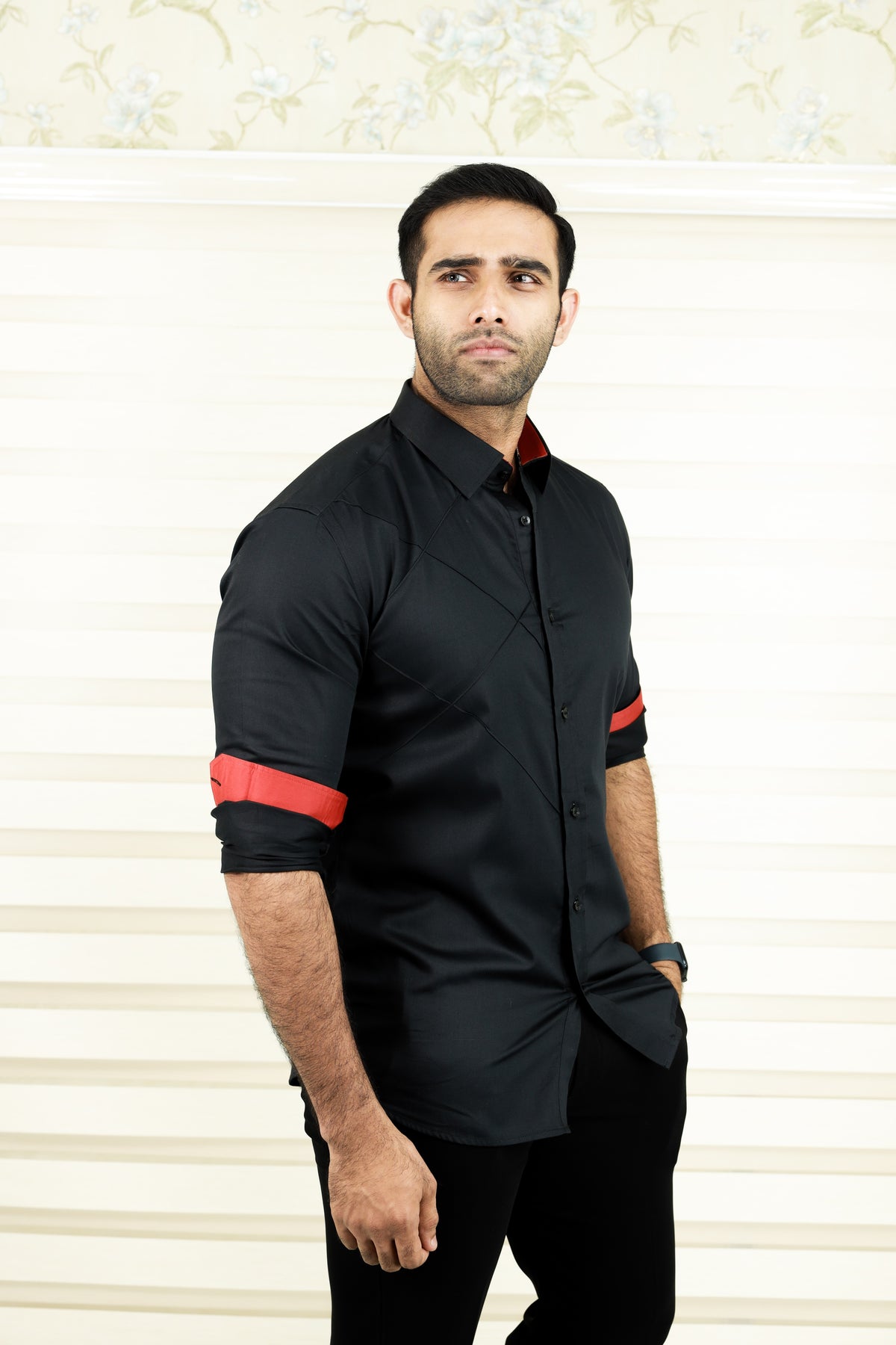 Charcoal Black One Side Tuck Detailed Shirt with Red Contrast on Sleeves (Only Shirt)