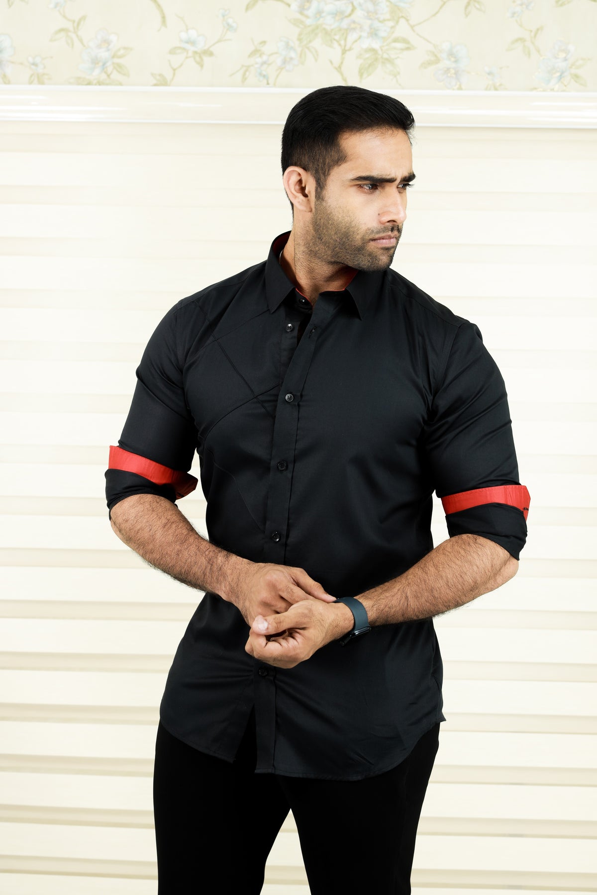 Charcoal Black One Side Tuck Detailed Shirt with Red Contrast on Sleeves (Only Shirt)