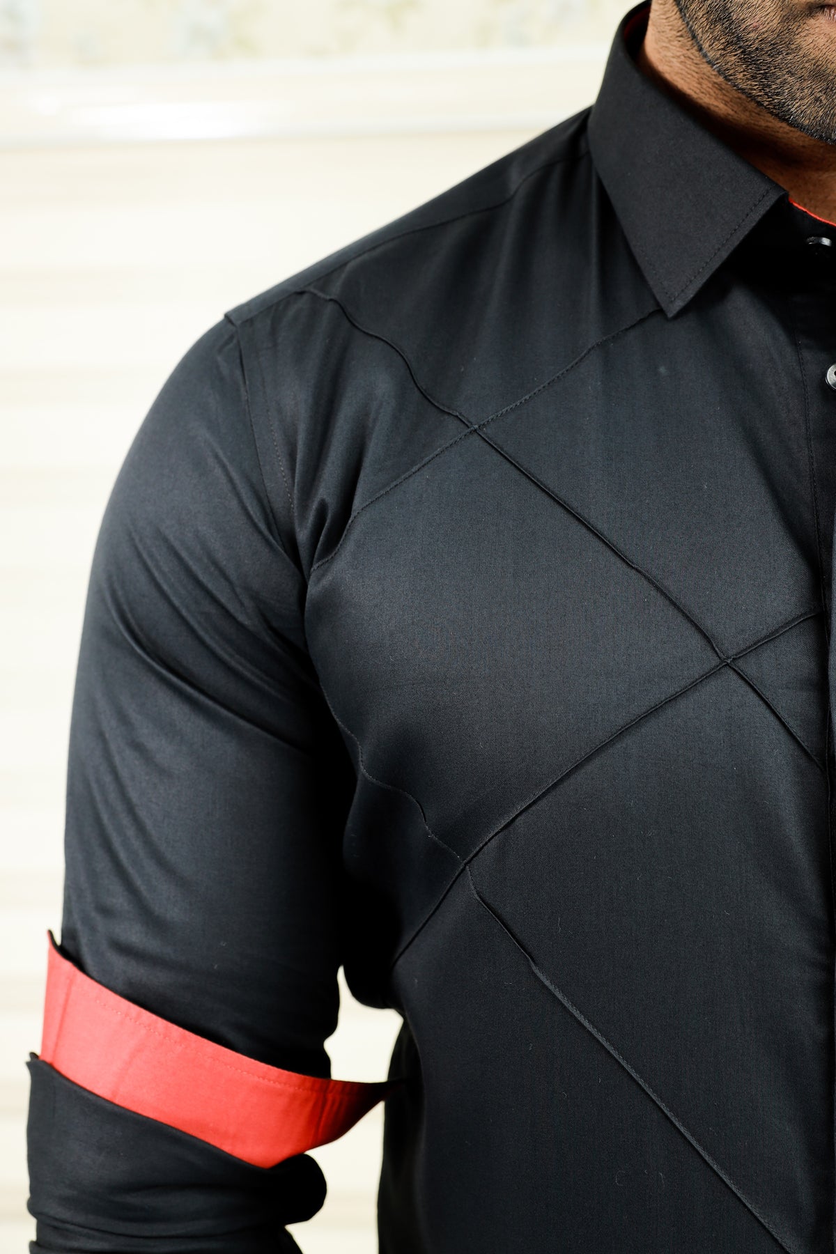 Charcoal Black One Side Tuck Detailed Shirt with Red Contrast on Sleeves (Only Shirt)