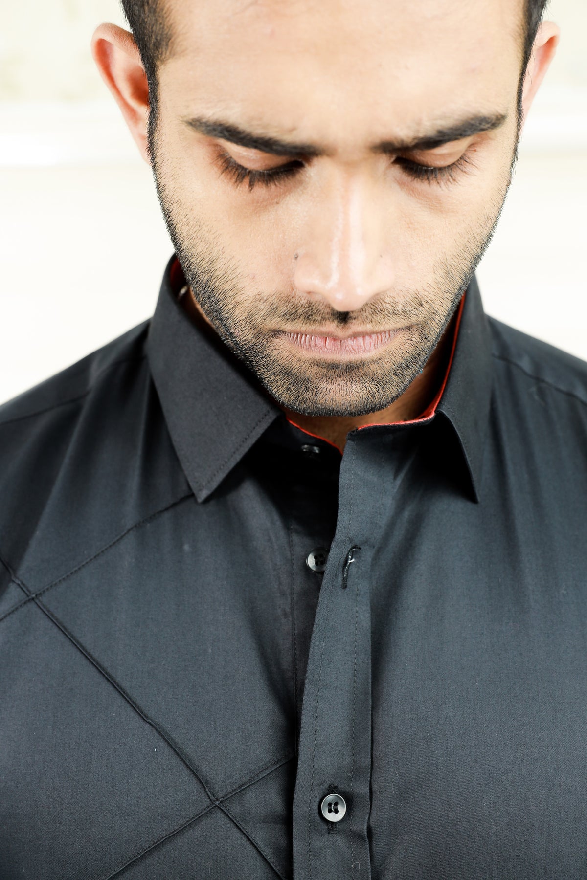 Charcoal Black One Side Tuck Detailed Shirt with Red Contrast on Sleeves (Only Shirt)