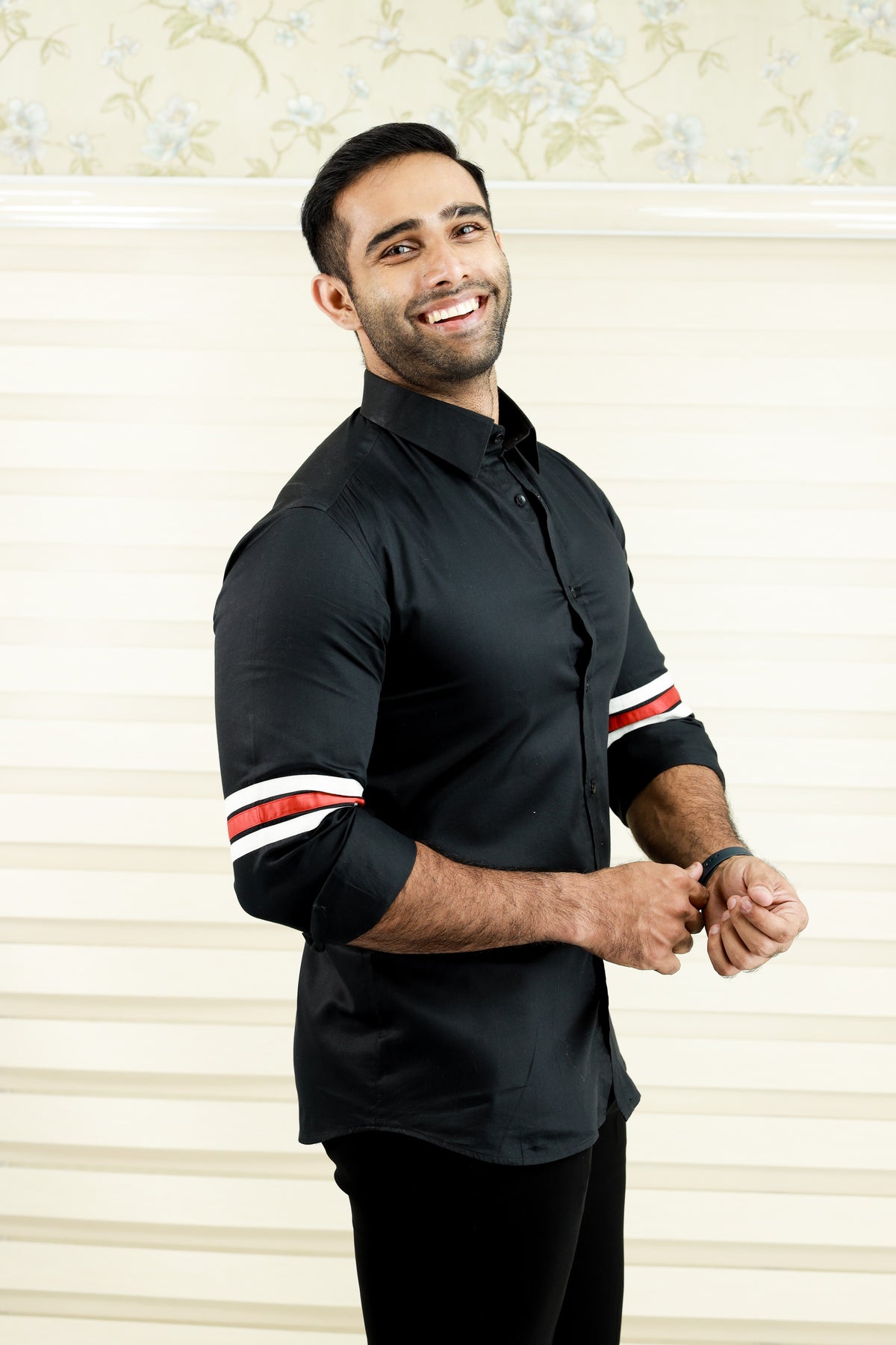 Onyx Black Cutaway Collar Shirt  with Sleeve Detailing in White & Red (Only Shirt)
