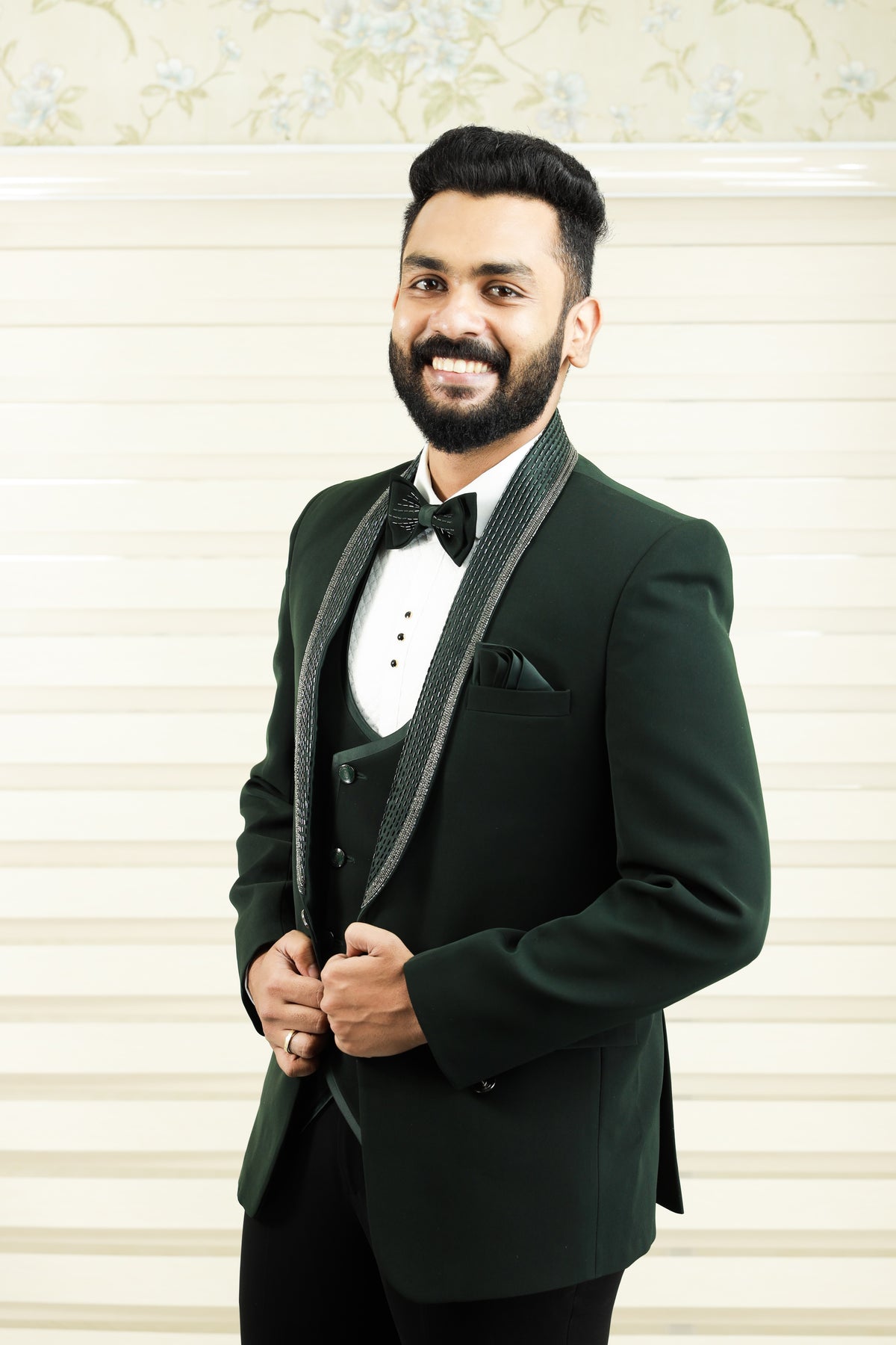 Dark Pine Green 3 Piece Tuxedo Suit with Handwork detailing on Lapel (Set of 4)