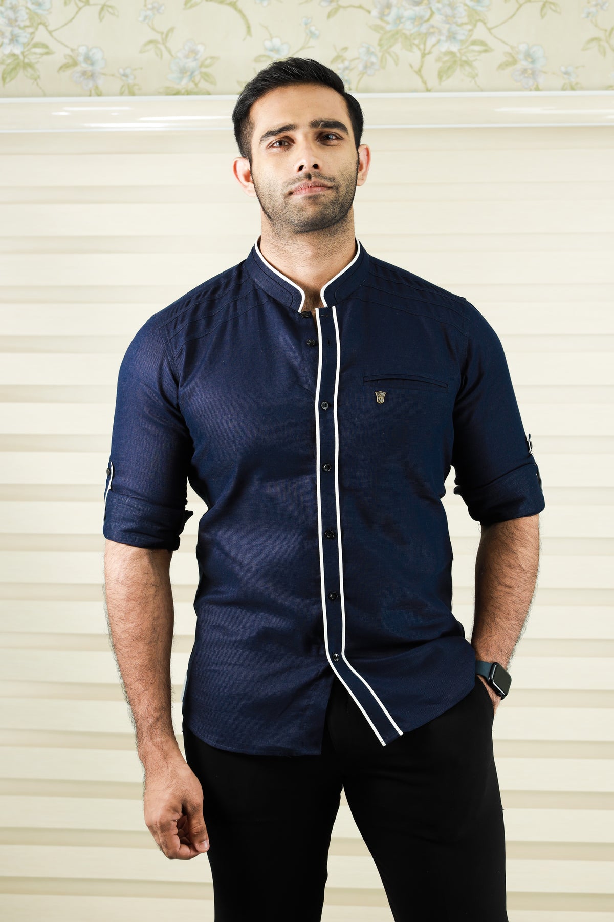 Dark Blue Shirt with  White Contrast Detailing on Neck & Placket (Only Shirt)
