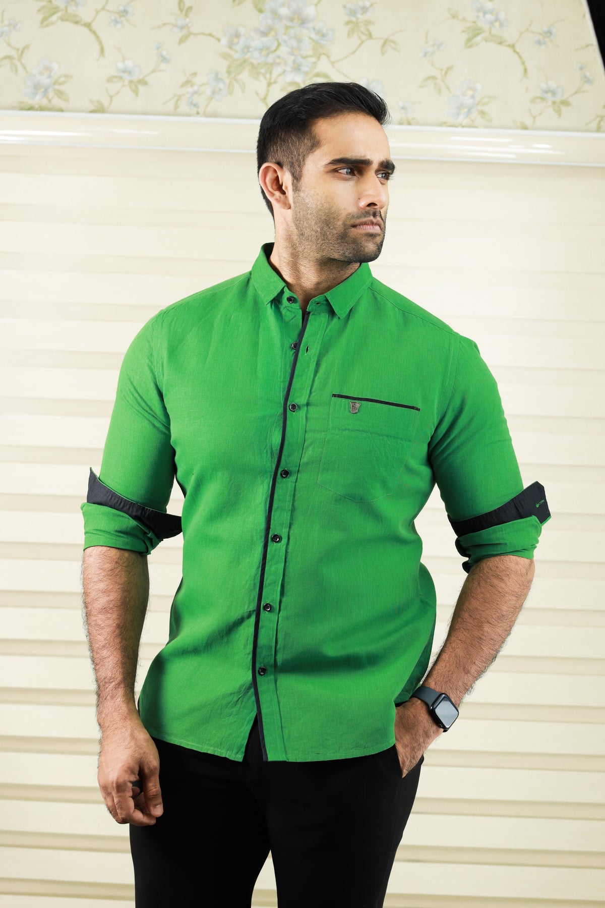 Forest Green Cutaway Collar Shirt with Balck Contrast detailing on Placket, Pocket & Cuff (Only Shirt)
