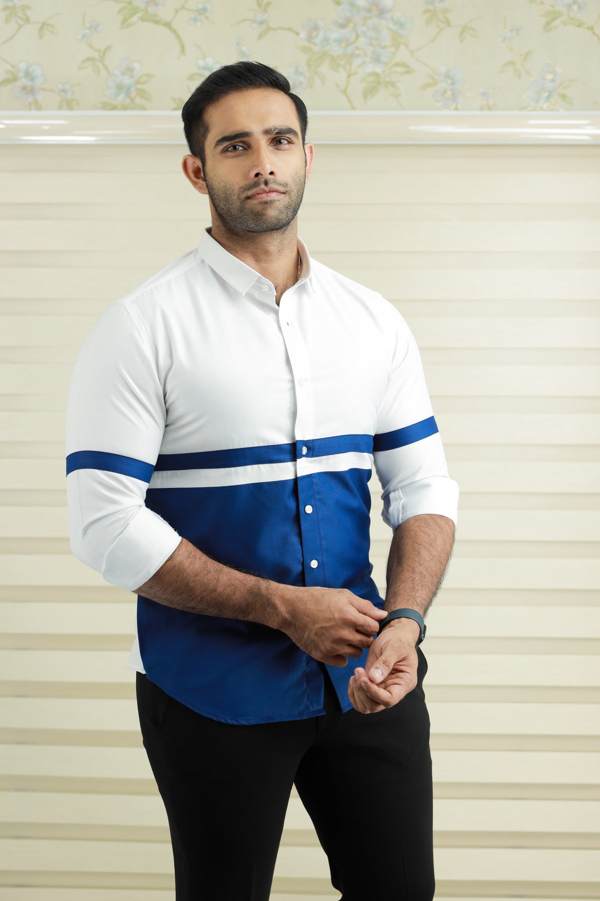 Azure Blue Two Tone Cutaway Collar  Designer Shirt  (Shirt + Black Pants)