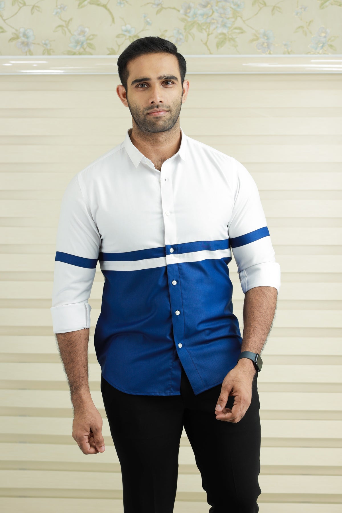 Azure Blue Two Tone Cutaway Collar  Designer Shirt  (Shirt + Black Pants)