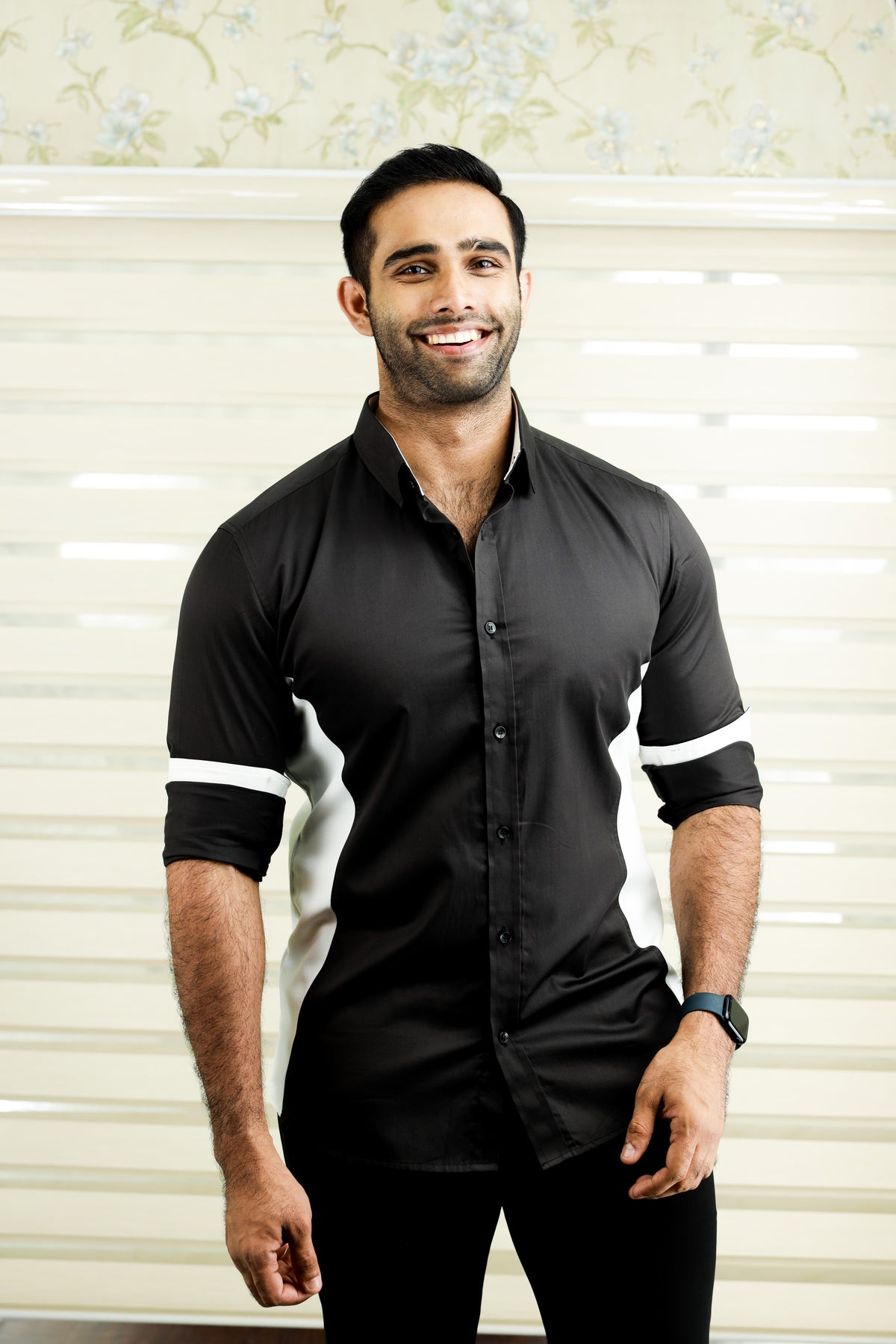 Charcoal Black Side Silhouette Cut Shirt with White Contrast Detailing (Only Shirt)