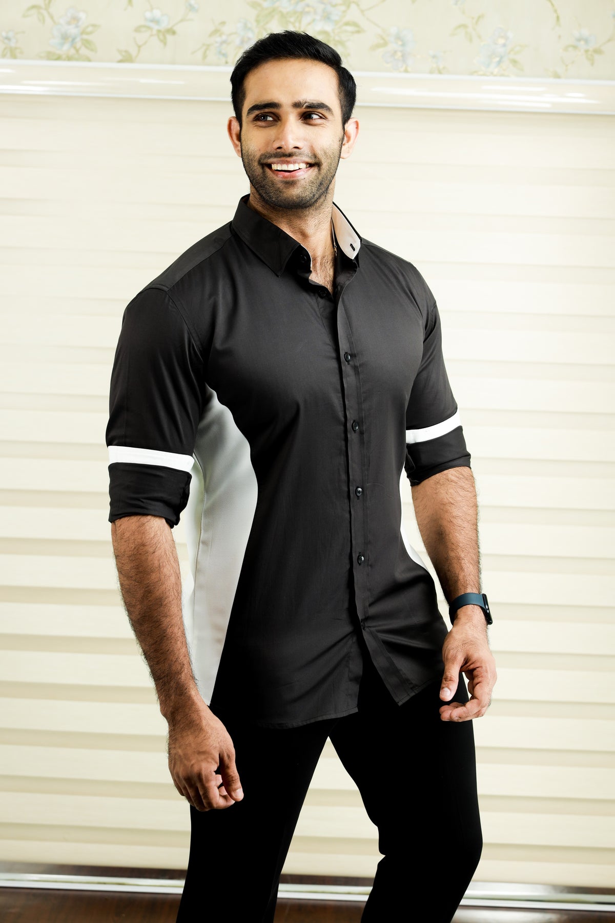 Charcoal Black Side Silhouette Cut Shirt with White Contrast Detailing (Only Shirt)