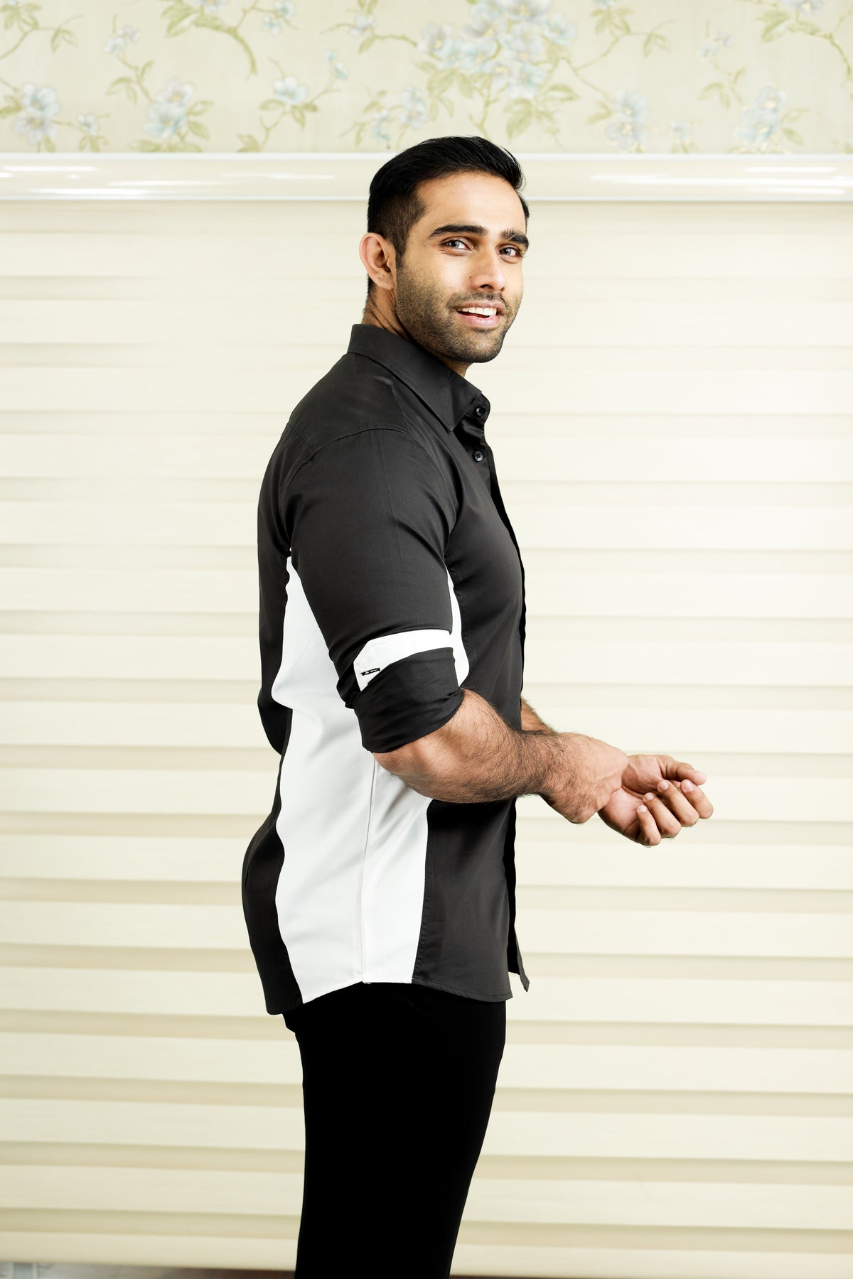 Charcoal Black Side Silhouette Cut Shirt with White Contrast Detailing (Only Shirt)