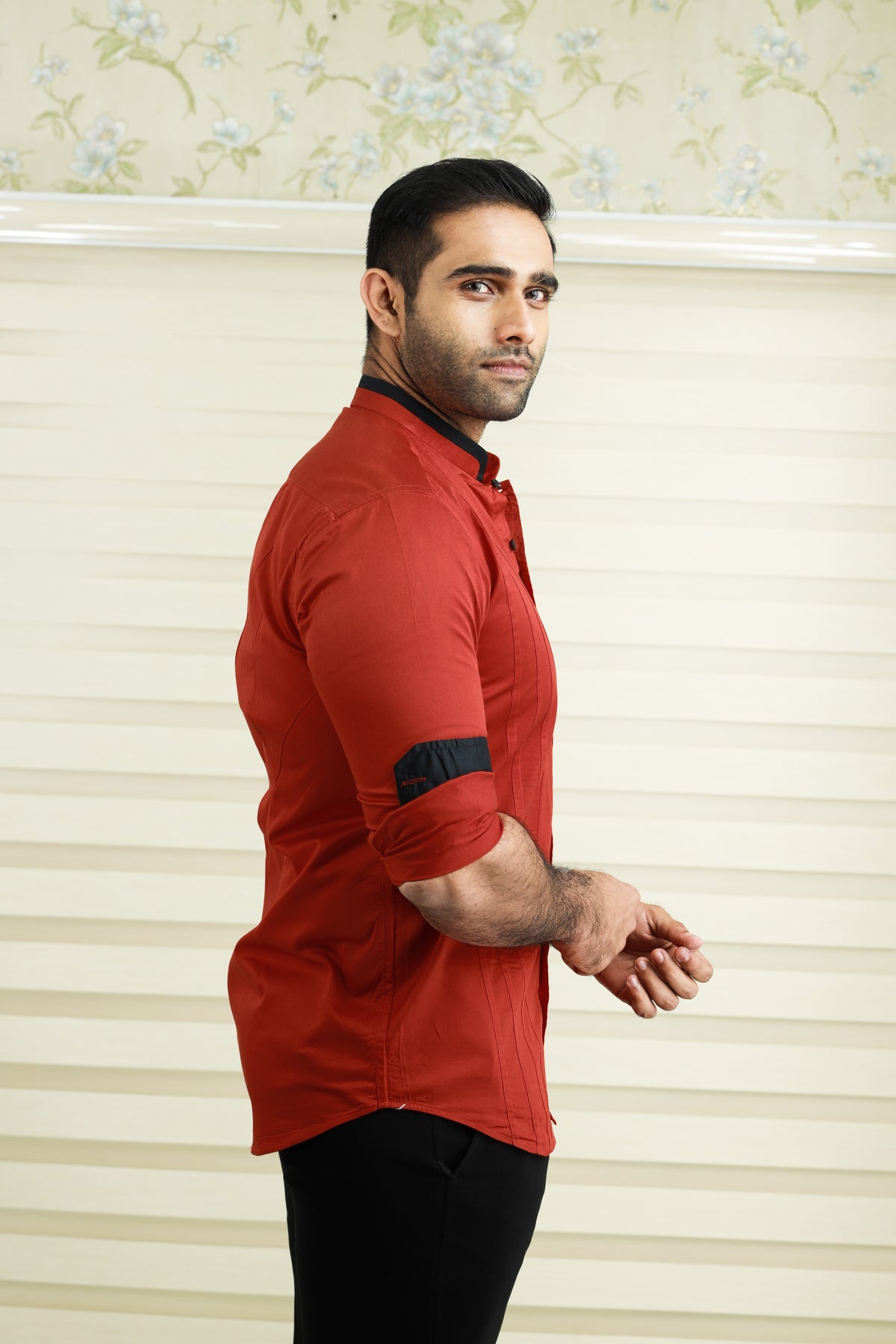 Crimson Red Chinese Collar Shirt with Black Contrast Detailing on Neck, placket & Cuff (Only Shirt)