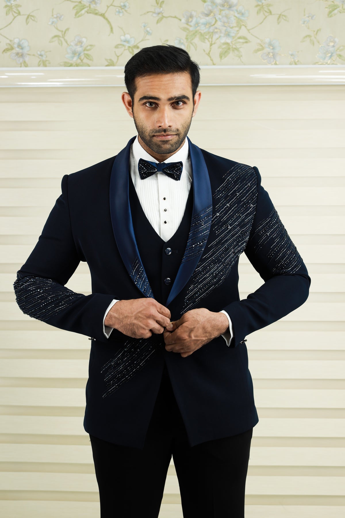 Oxford Blue 3 Piece Tuxedo Suit With Heavy Handwork Detailing (Set of 4)