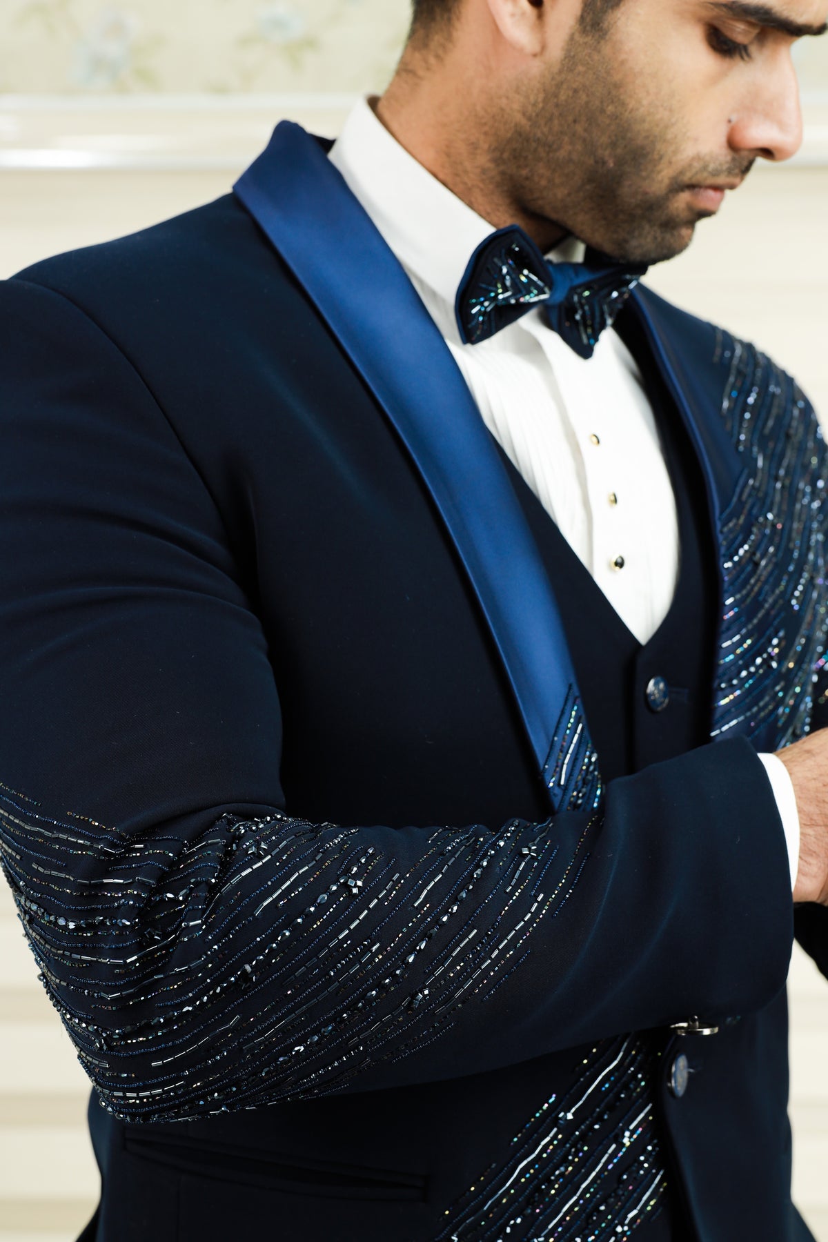 Oxford Blue 3 Piece Tuxedo Suit With Heavy Handwork Detailing (Set of 4)