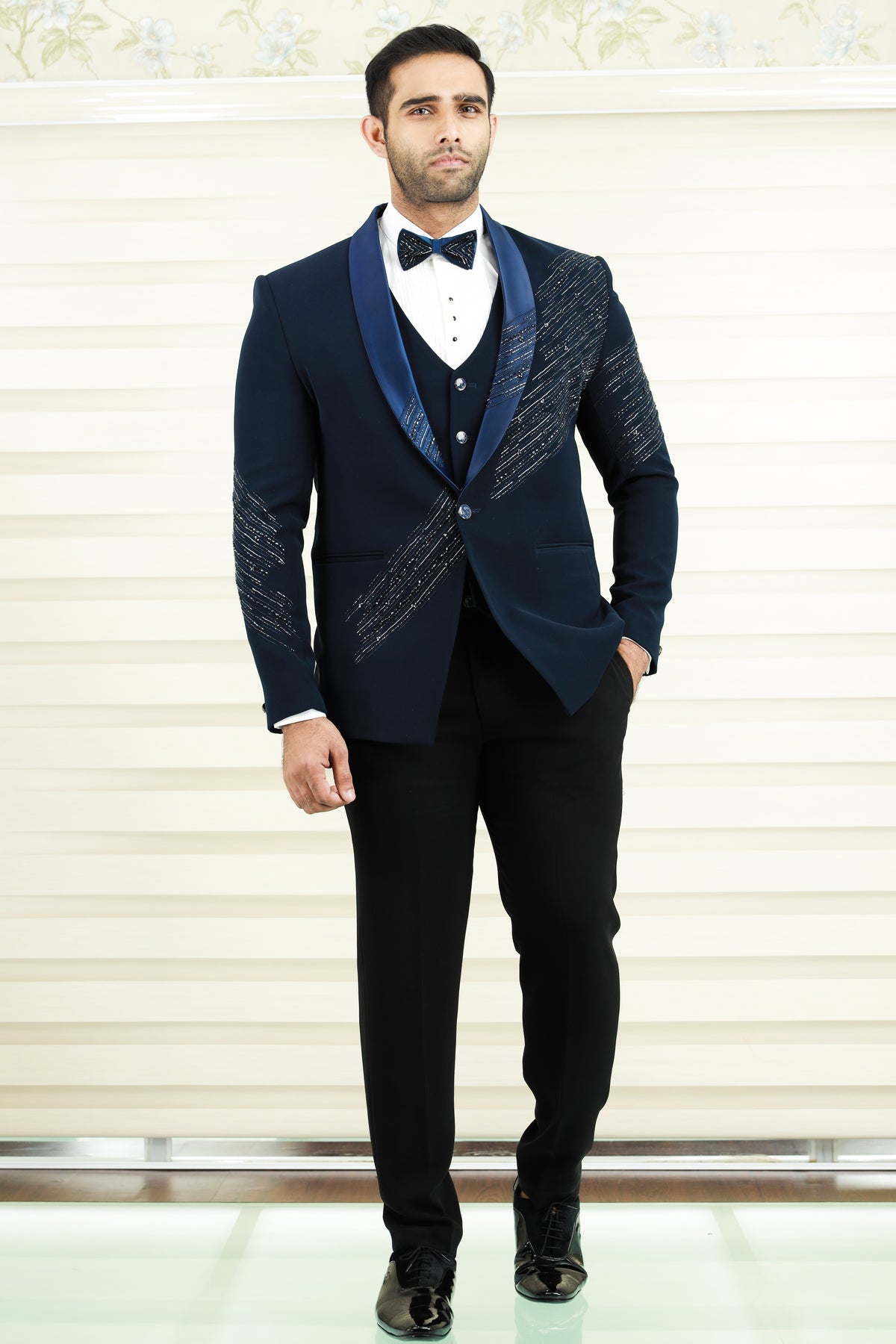 Oxford Blue 3 Piece Tuxedo Suit With Heavy Handwork Detailing (Set of 4)