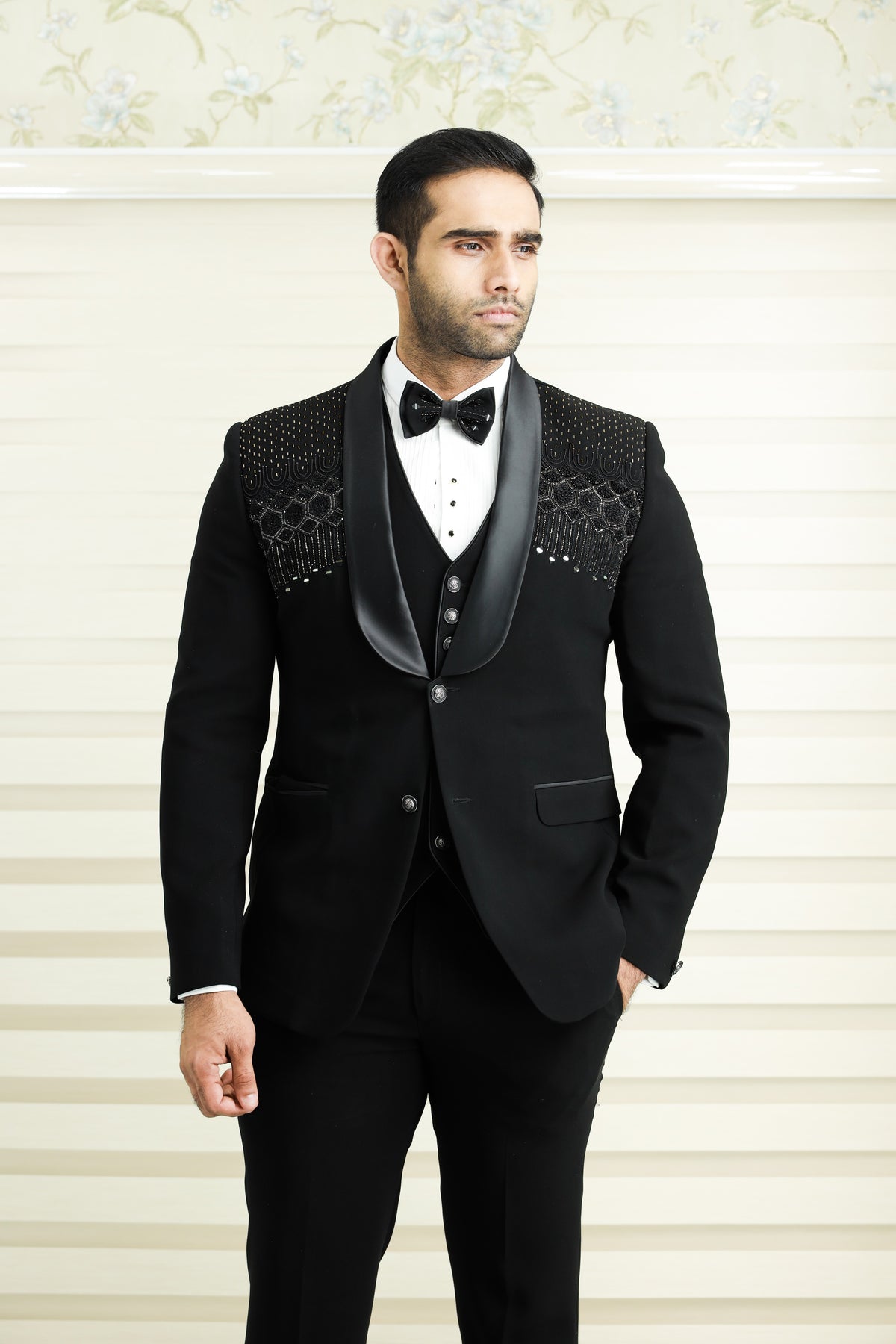 Jet Black 3 Piece Tuxedo Suit With Heavy Handwork Detailing (Set of 4)