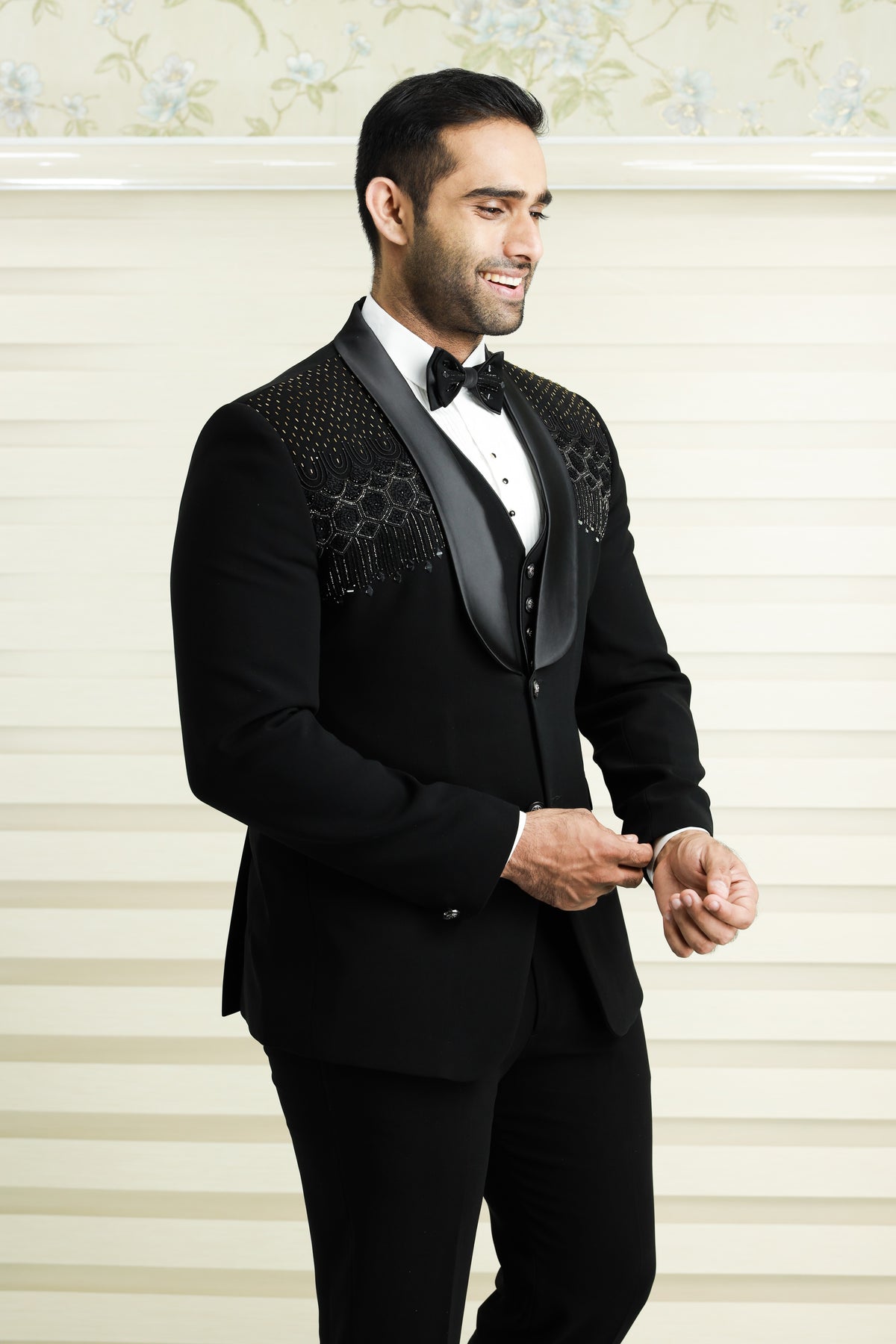 Jet Black 3 Piece Tuxedo Suit With Heavy Handwork Detailing (Set of 4)