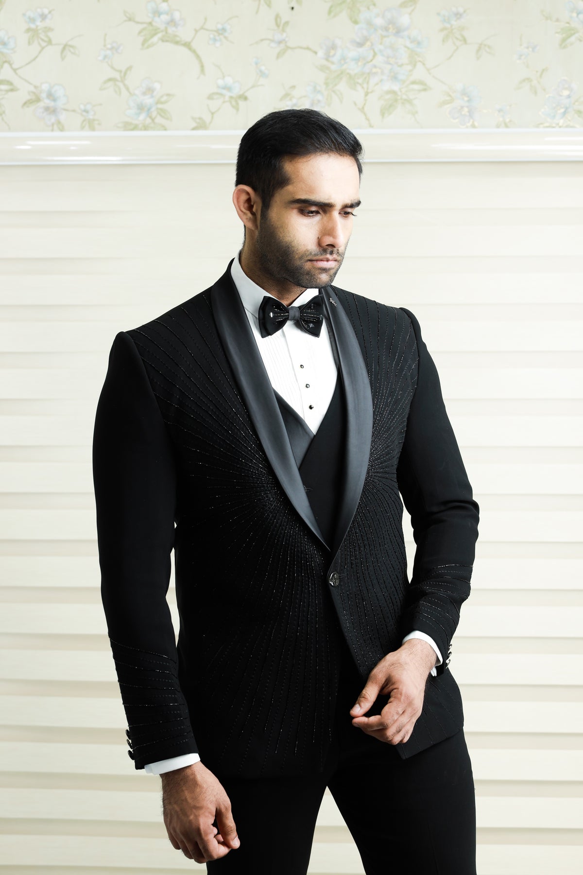 Ink Black 3 Piece Tuxedo Suit With Heavy Handwork Detailing (Set of 4)