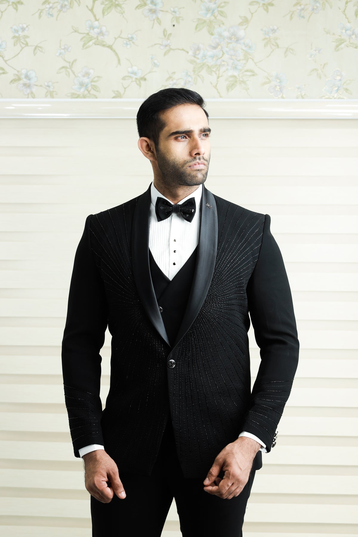 Ink Black 3 Piece Tuxedo Suit With Heavy Handwork Detailing (Set of 4)