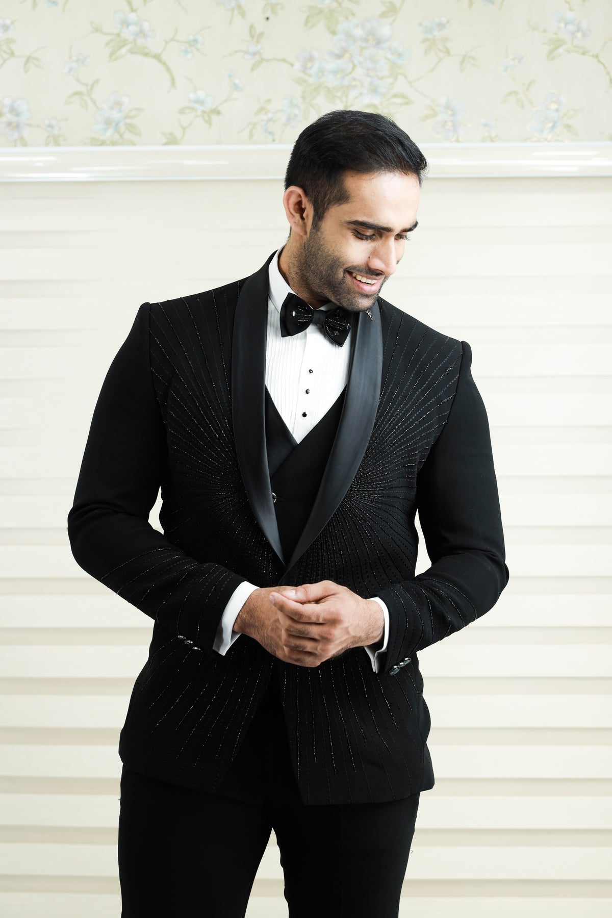 Ink Black 3 Piece Tuxedo Suit With Heavy Handwork Detailing (Set of 4)