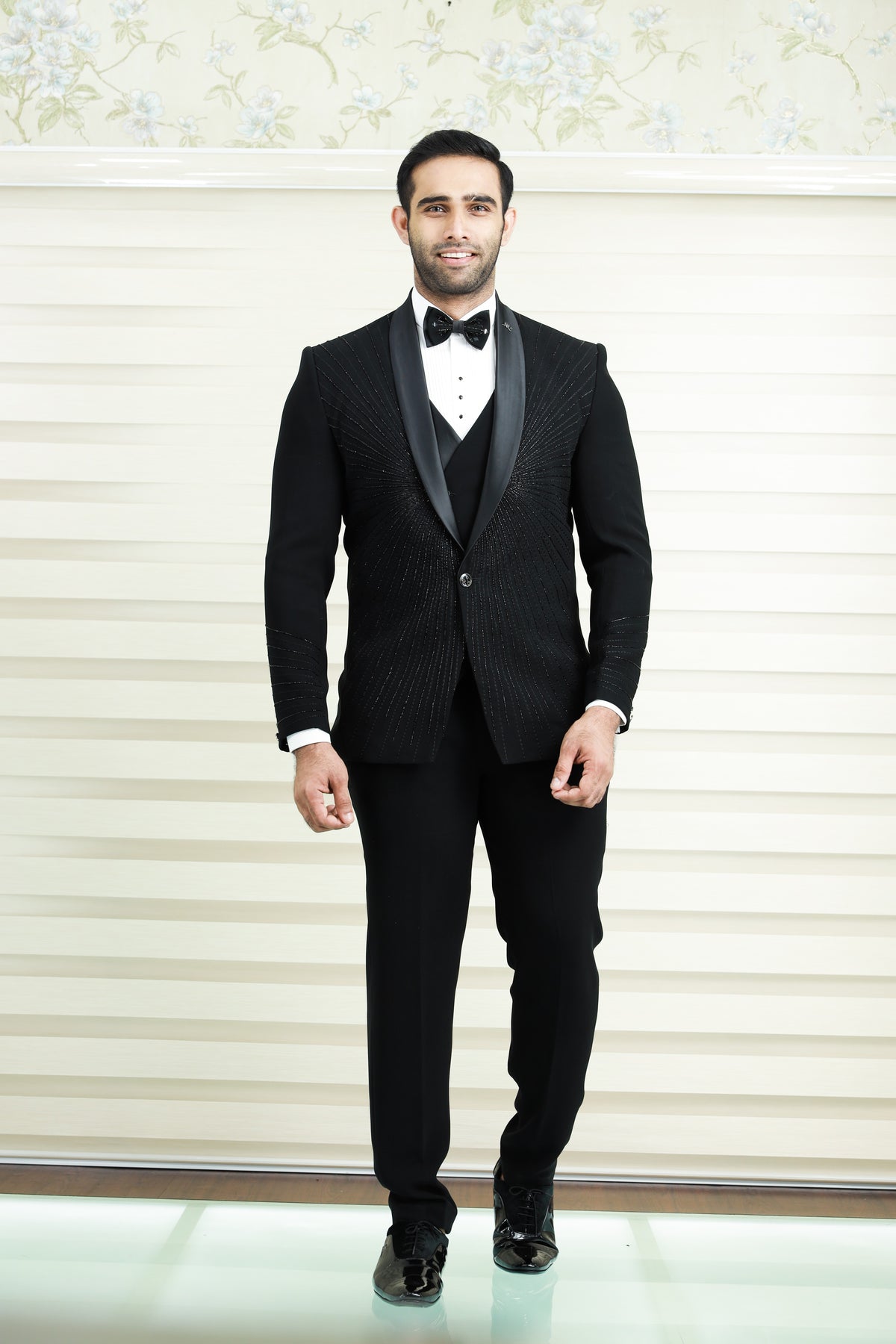 Ink Black 3 Piece Tuxedo Suit With Heavy Handwork Detailing (Set of 4)