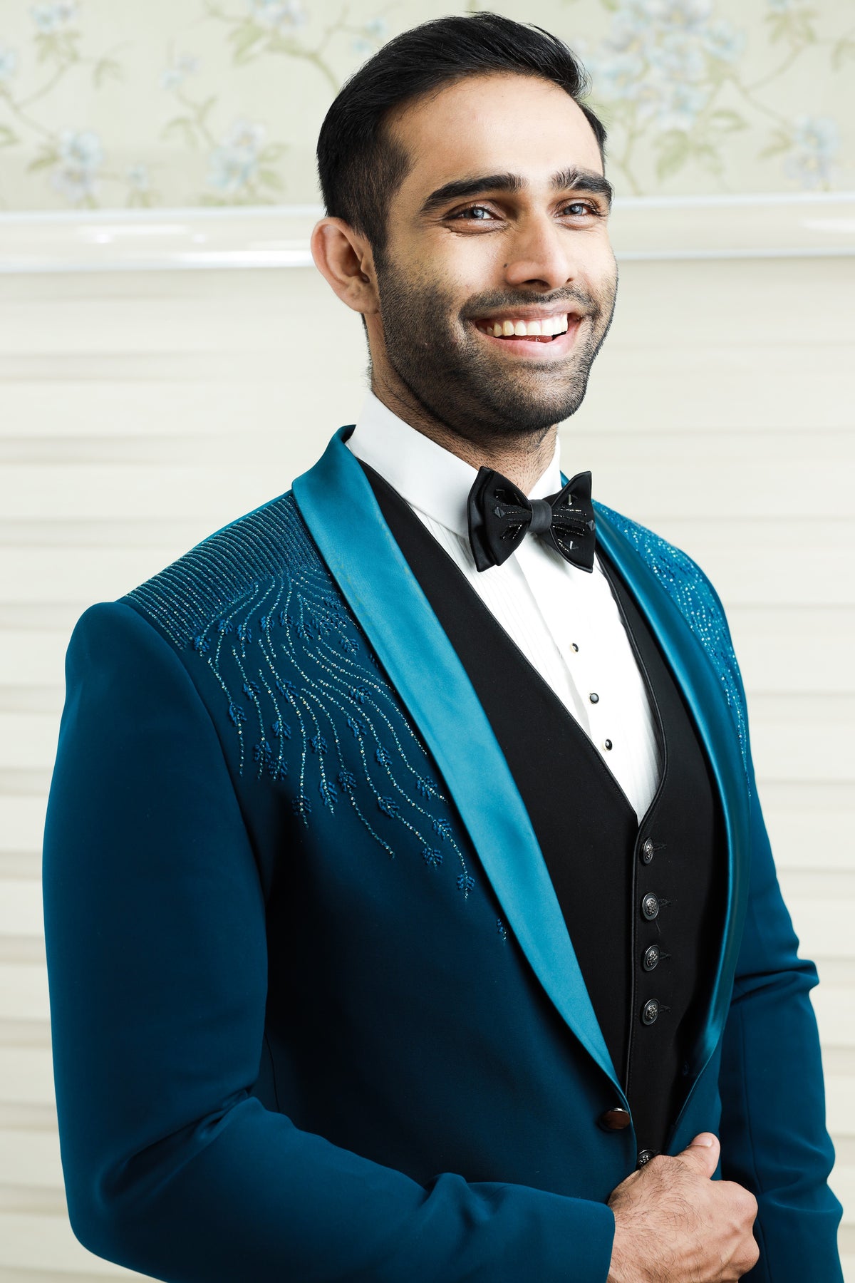 Teal Blue 3 Piece Tuxedo Suit detailied with Shoulder Embroidery paired with Contrast Black Waistcoat (Set of 4)