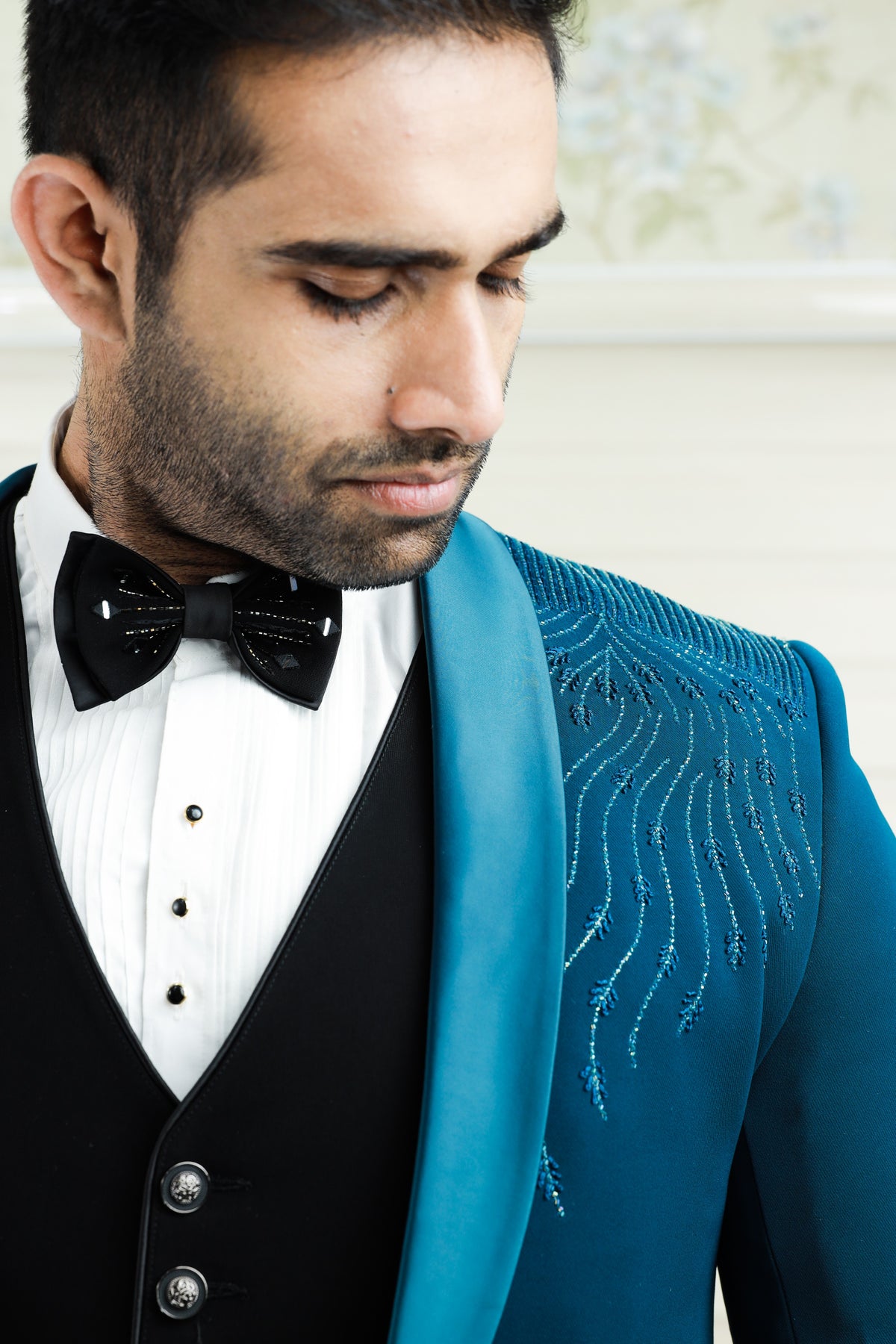 Teal Blue 3 Piece Tuxedo Suit detailied with Shoulder Embroidery paired with Contrast Black Waistcoat (Set of 4)