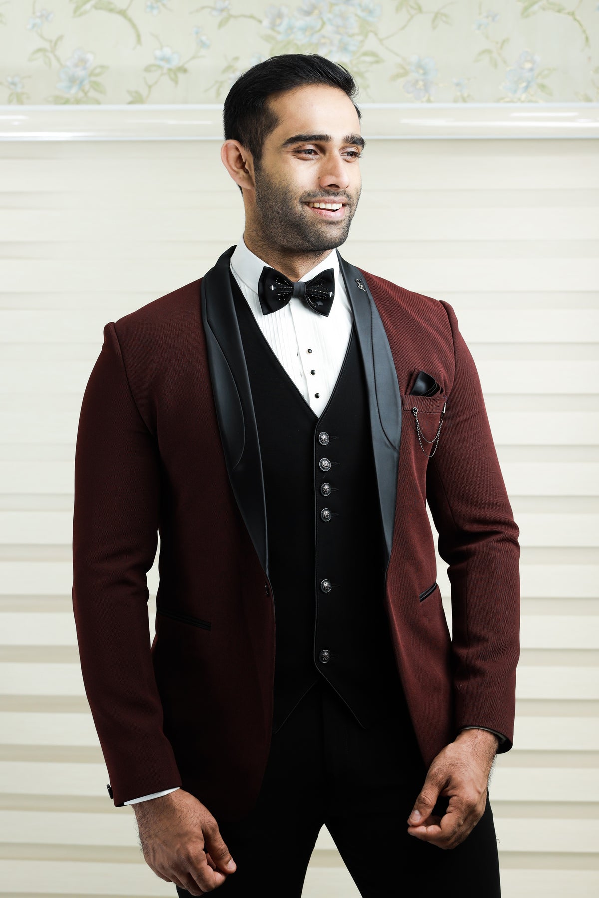 Maroon Red 3 Piece Tuxedo Suit with Black Contrast Waistcoat & Pants (Set of 4)