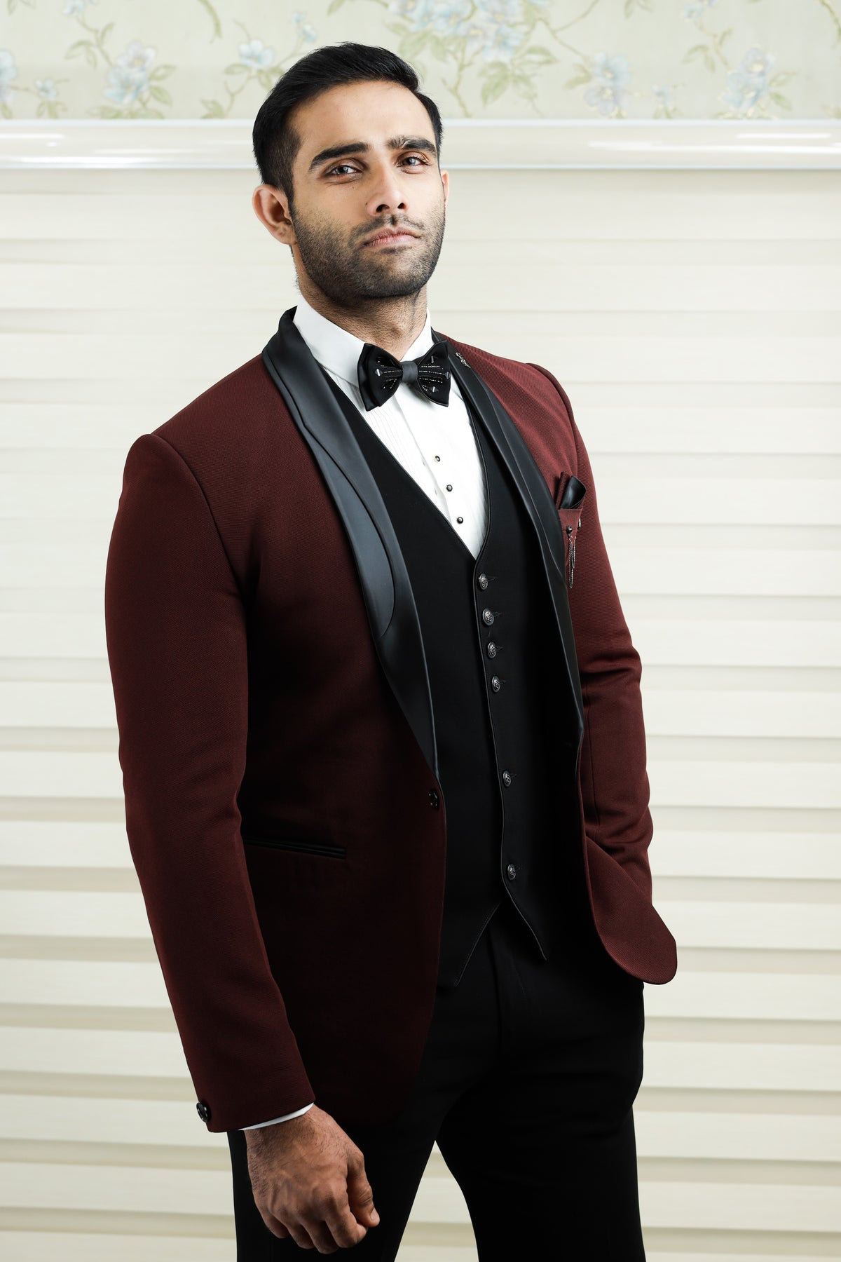 Maroon Red 3 Piece Tuxedo Suit with Black Contrast Waistcoat & Pants (Set of 4)