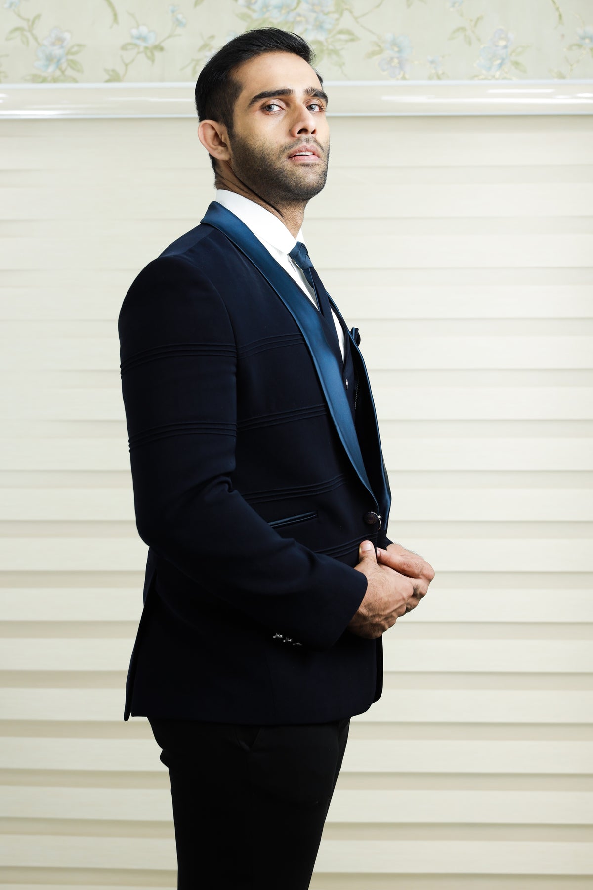 Prussian Blue 3 Piece Tuxedo Suit with Horizontal Tuck Detailing (Set of 4)