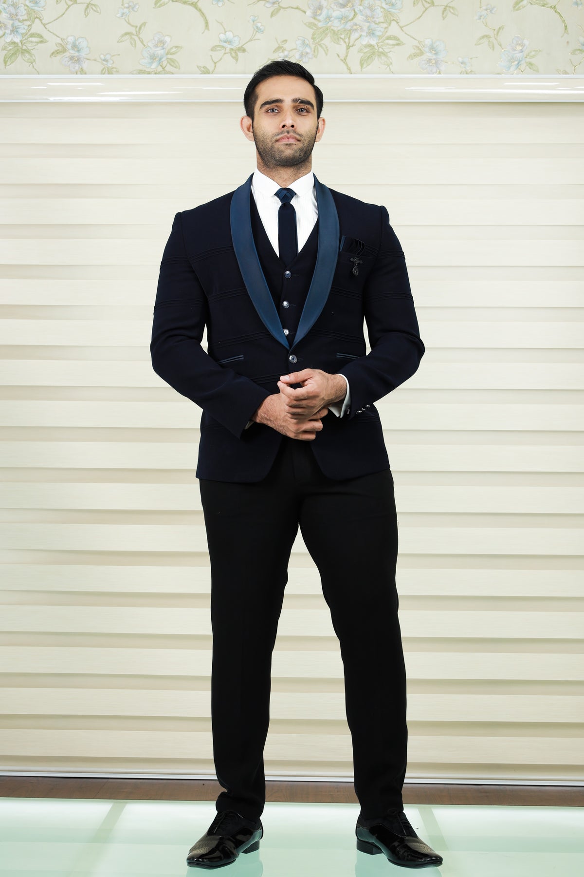 Prussian Blue 3 Piece Tuxedo Suit with Horizontal Tuck Detailing (Set of 4)