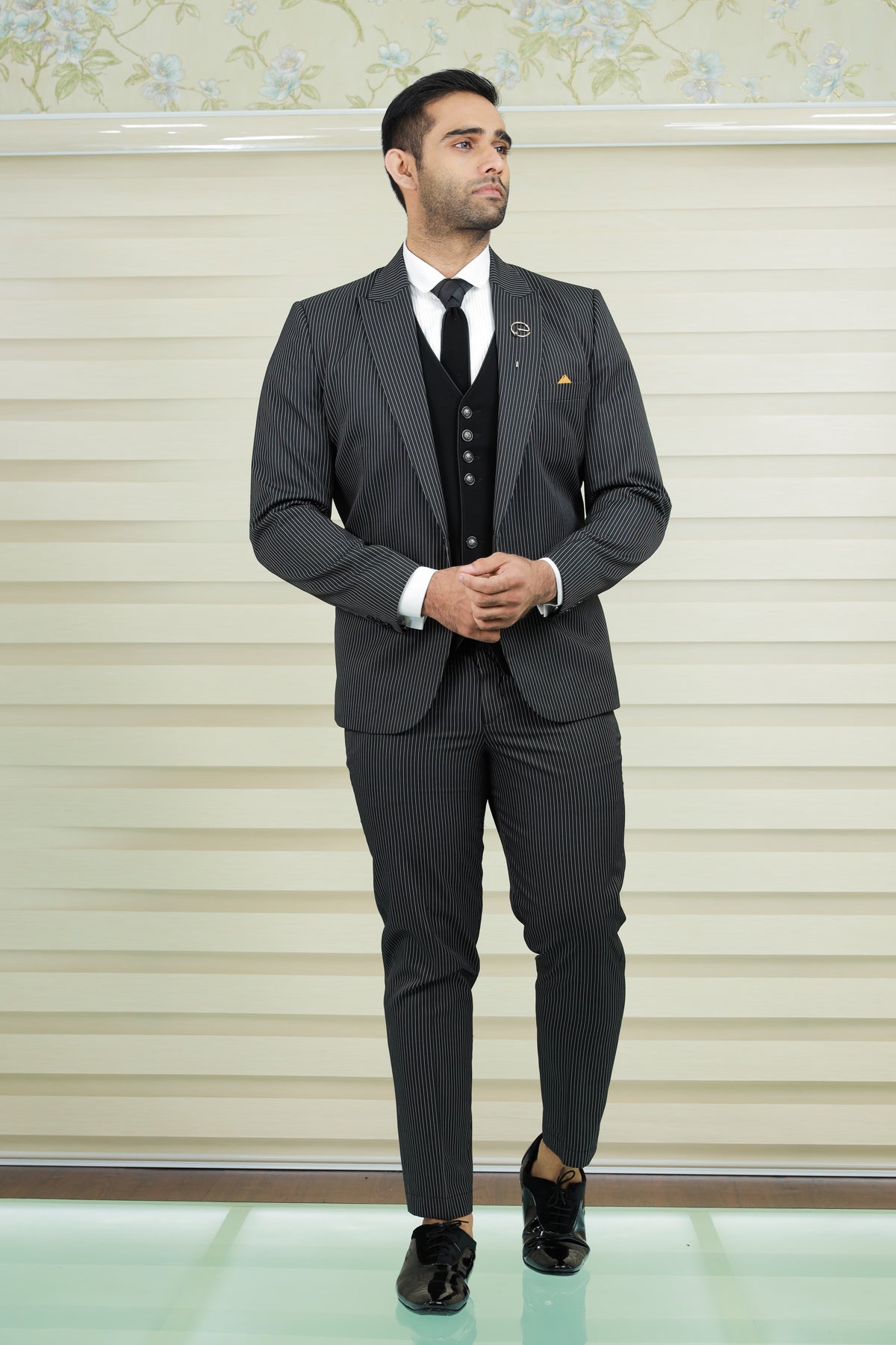 Pin Stripe Grey 3 Piece  Suit with  Black Contrast Waistcoat & Pants (Set of 4)