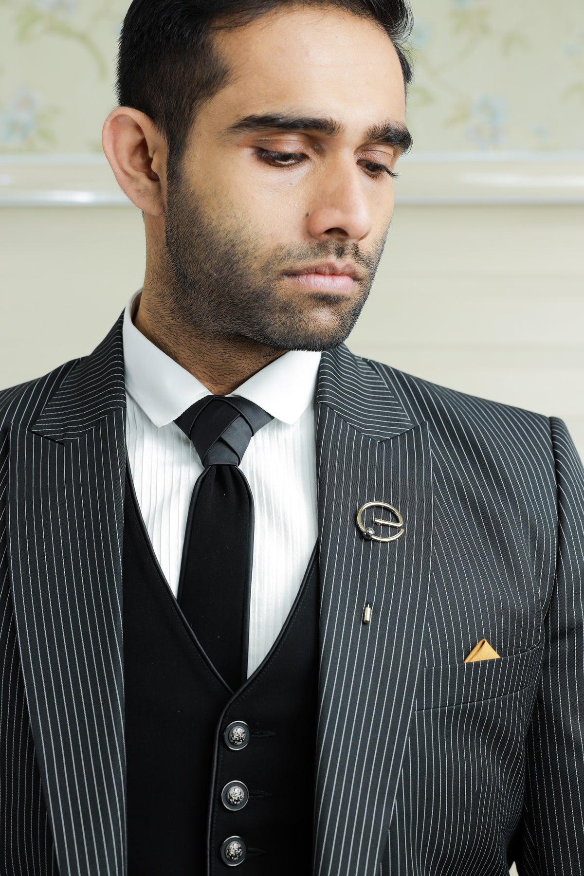 Pin Stripe Grey 3 Piece  Suit with  Black Contrast Waistcoat & Pants (Set of 4)