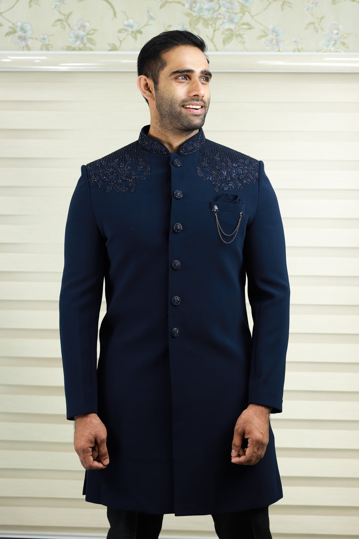 Oxford Blue Indo Western Achkan Suit With Bead & Thread Handwork Detailing paired with Black Narrow Pants (Set of 2)