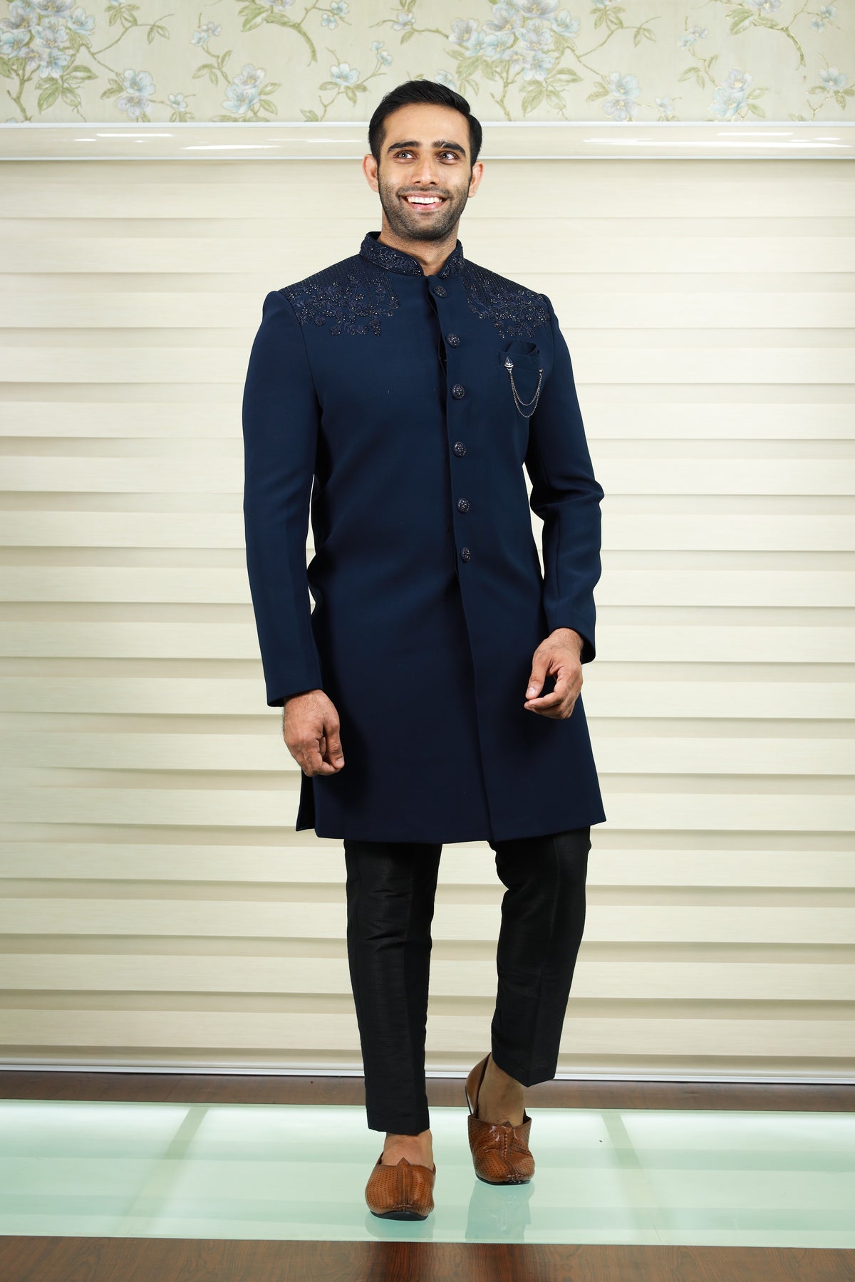 Oxford Blue Indo Western Achkan Suit With Bead & Thread Handwork Detailing paired with Black Narrow Pants (Set of 2)
